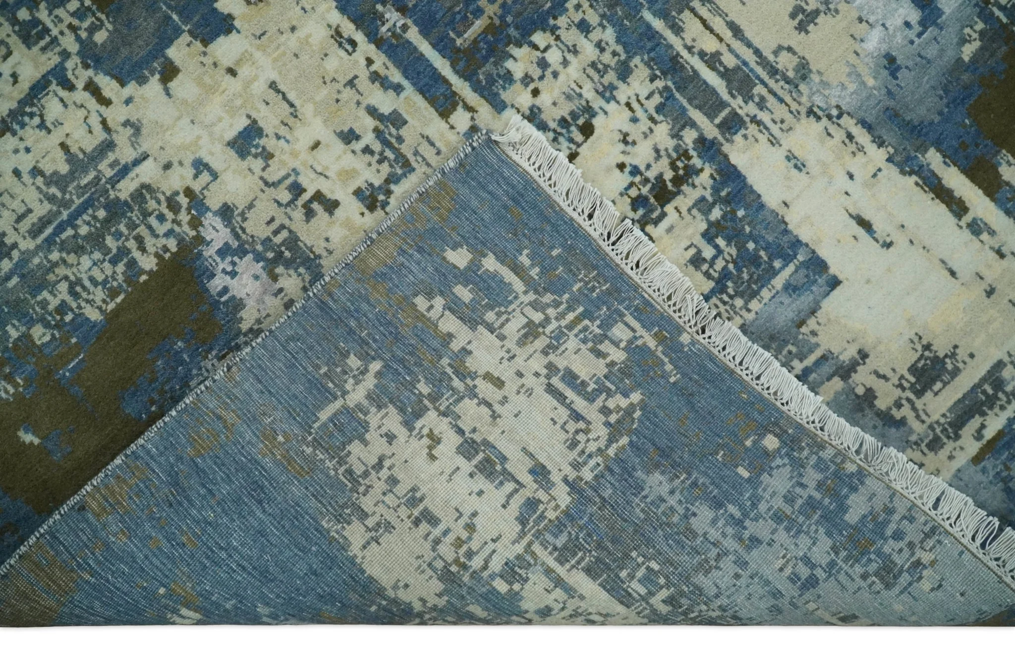 9x12 Fine Hand Knotted Beige and Blue Modern Abstract Style Antique Wool and Silk Area Rug | AGR31 - Image 7