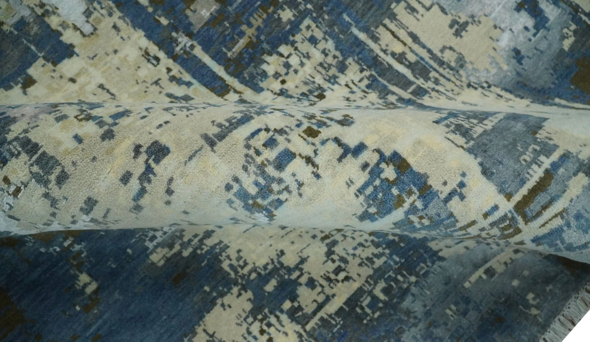 9x12 Fine Hand Knotted Beige and Blue Modern Abstract Style Antique Wool and Silk Area Rug | AGR31 - Image 8