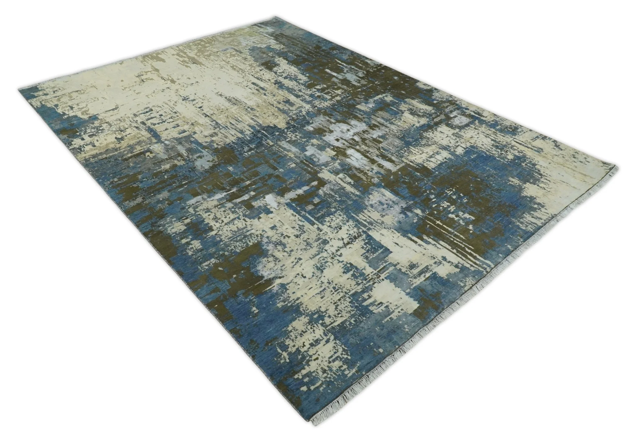 9x12 Fine Hand Knotted Beige and Blue Modern Abstract Style Antique Wool and Silk Area Rug | AGR31 - Image 9