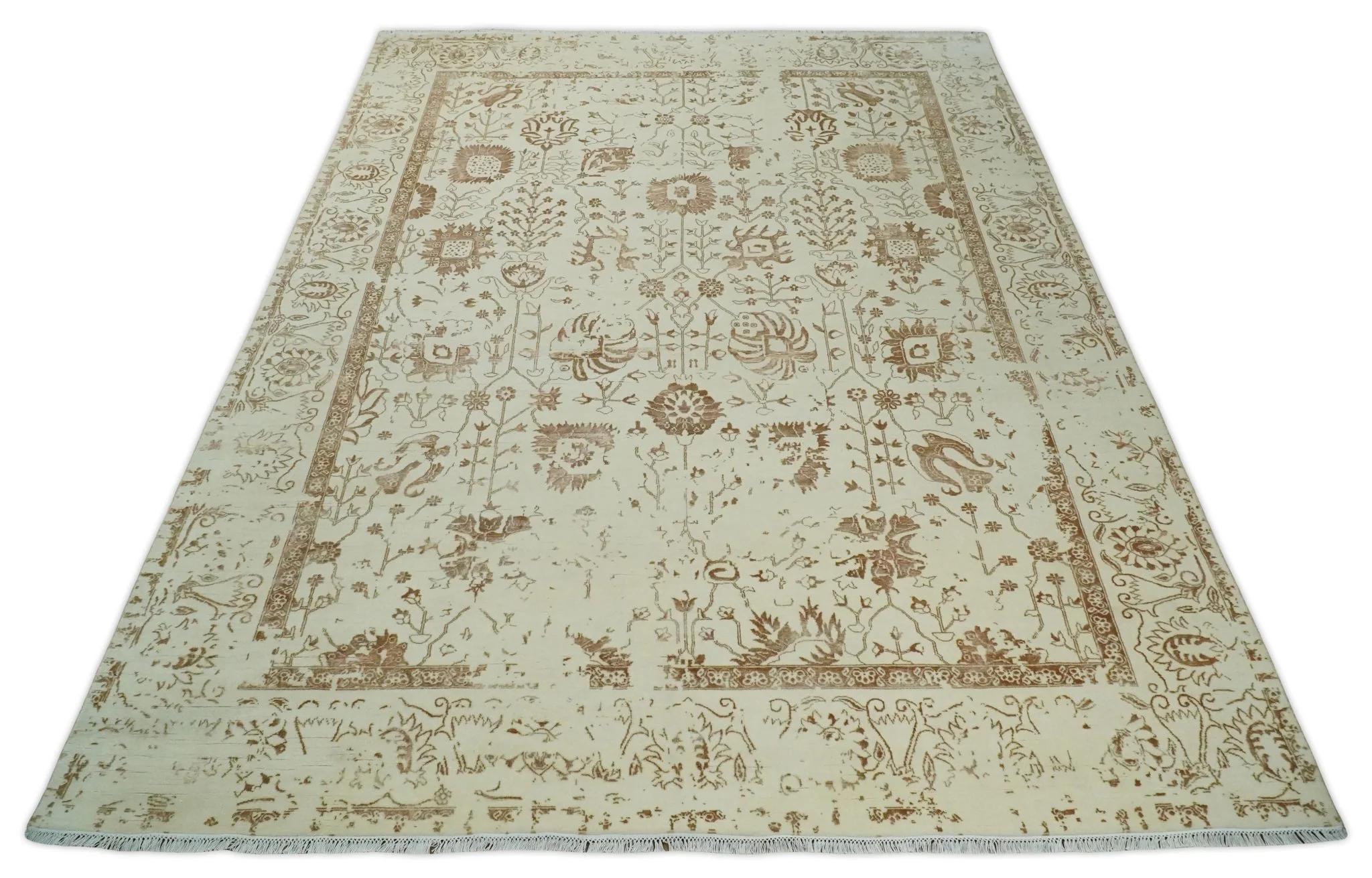 9x12 Fine Hand Knotted Beige and Brown Traditional Vintage Persian Style Antique Wool and Silk Rug | AGR46 - Image 11