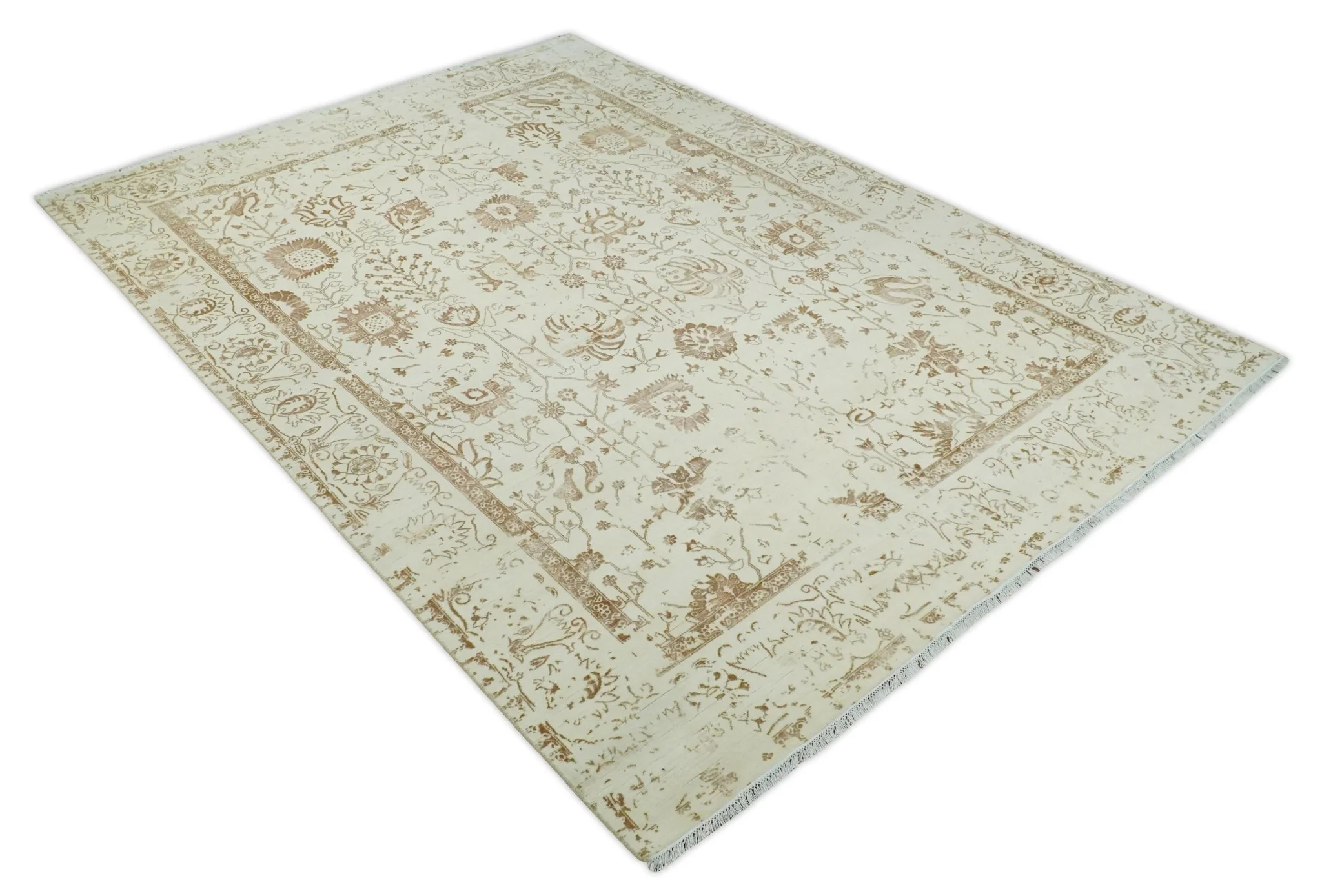 9x12 Fine Hand Knotted Beige and Brown Traditional Vintage Persian Style Antique Wool and Silk Rug | AGR46 - Image 12