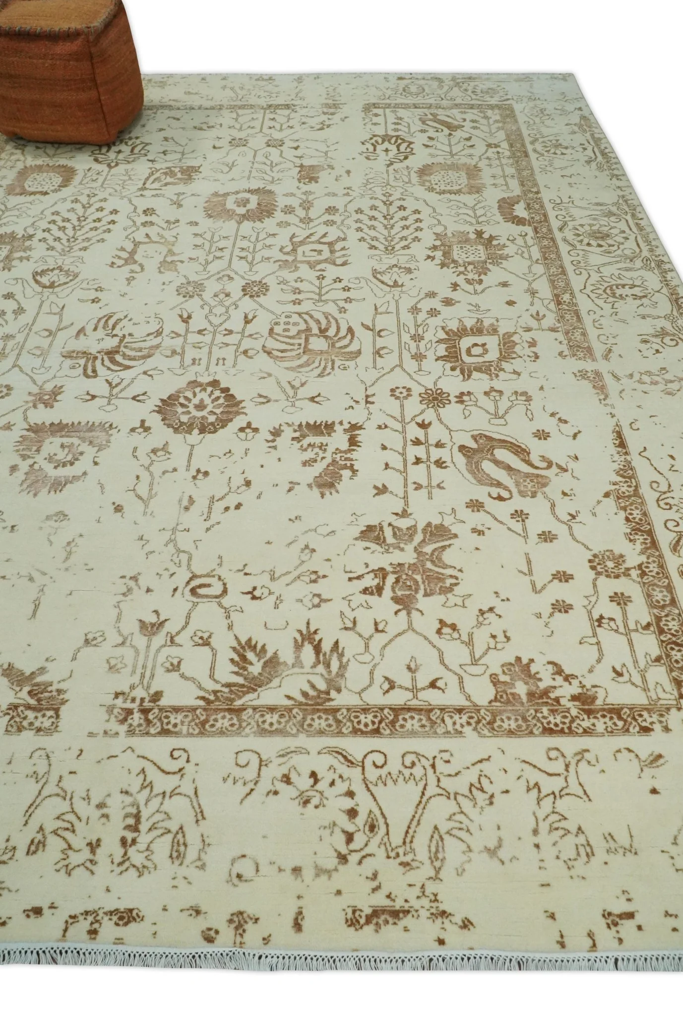 9x12 Fine Hand Knotted Beige and Brown Traditional Vintage Persian Style Antique Wool and Silk Rug | AGR46 - Image 3