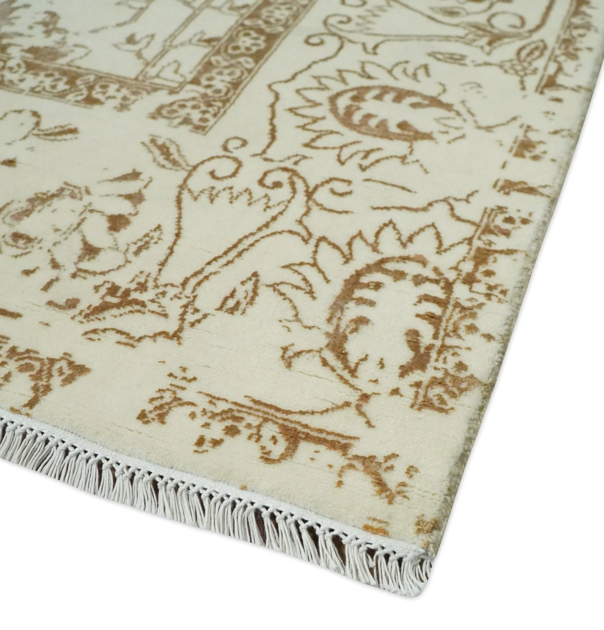9x12 Fine Hand Knotted Beige and Brown Traditional Vintage Persian Style Antique Wool and Silk Rug | AGR46 - Image 5