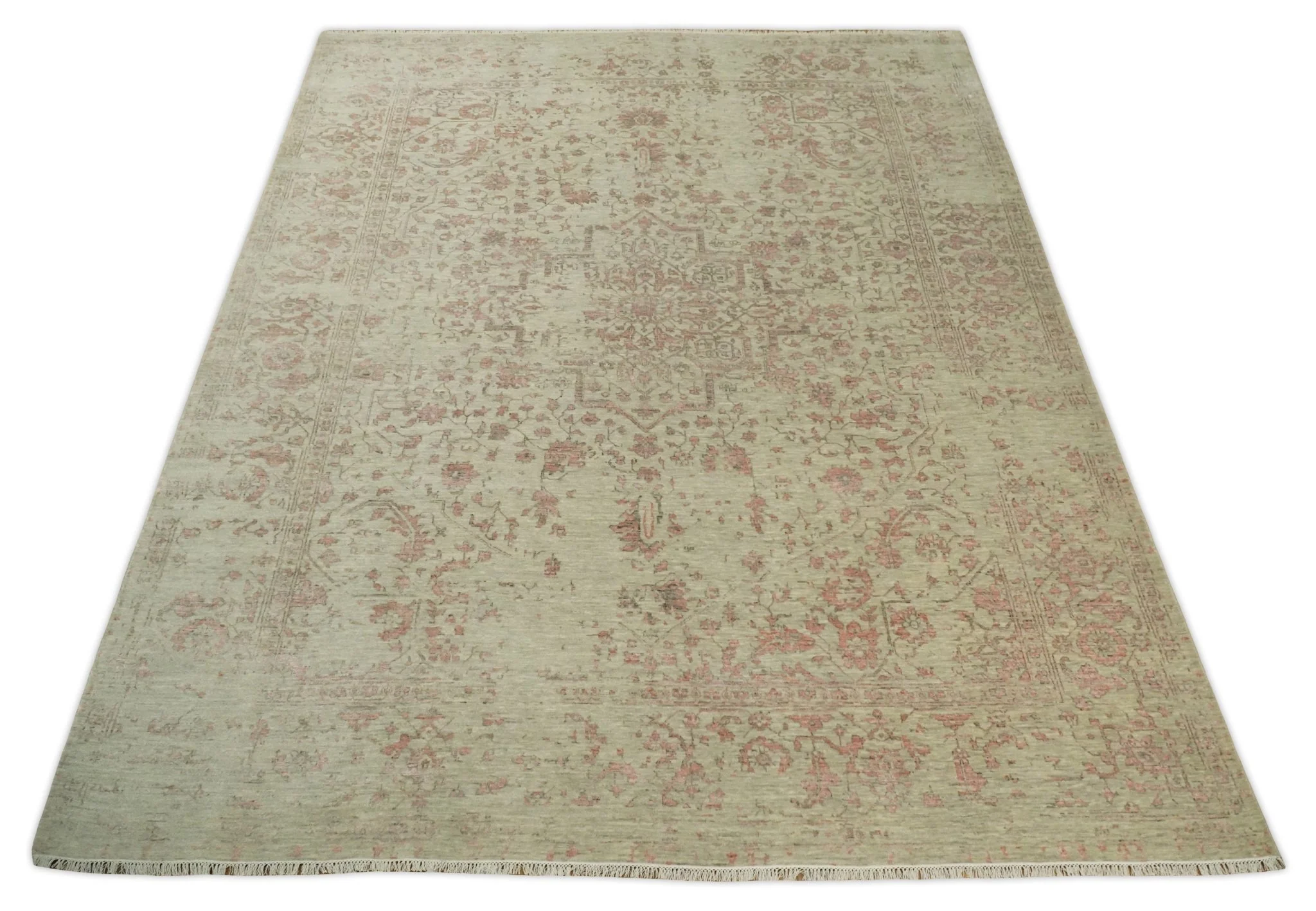 9x12 Fine Hand Knotted Beige and Peach Traditional Vintage Persian Style Antique Wool and Silk Rug | TRDCP662912 - Image 11