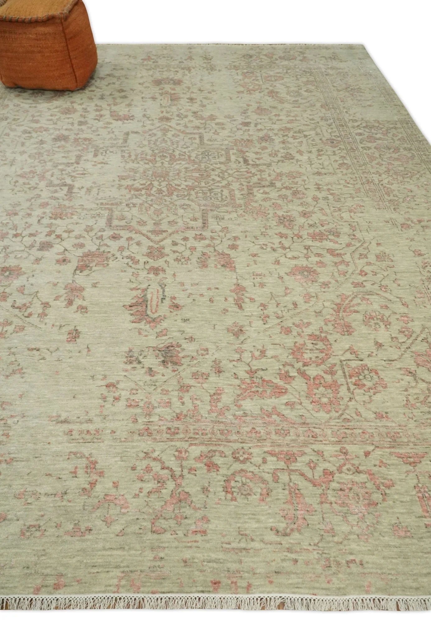 9x12 Fine Hand Knotted Beige and Peach Traditional Vintage Persian Style Antique Wool and Silk Rug | TRDCP662912 - Image 3