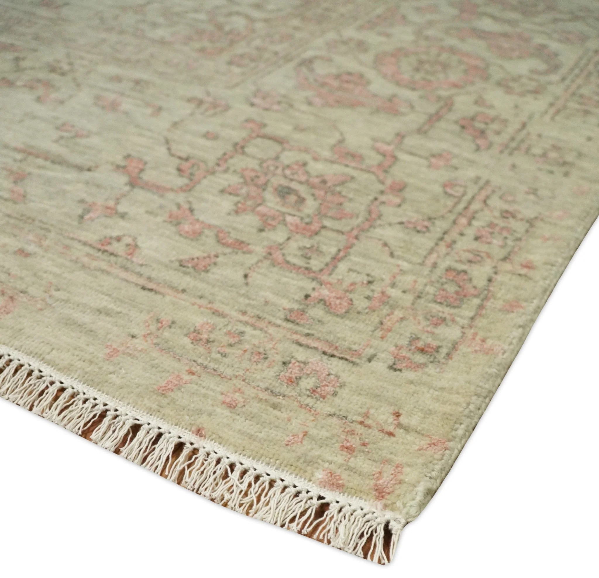 9x12 Fine Hand Knotted Beige and Peach Traditional Vintage Persian Style Antique Wool and Silk Rug | TRDCP662912 - Image 5