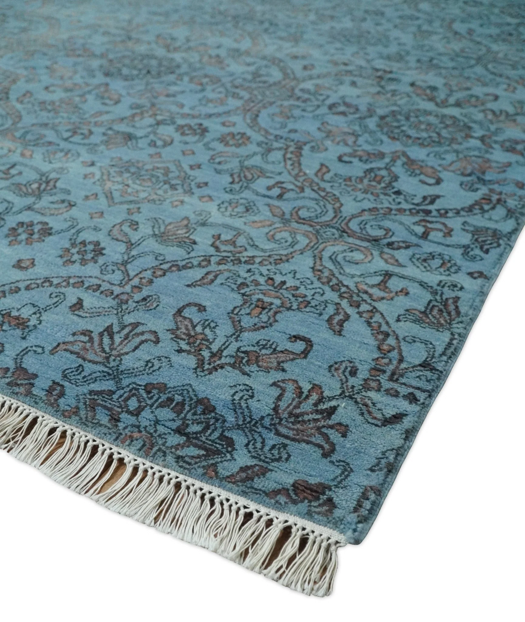 9x12 Fine Hand Knotted Blue and Brown Traditional Vintage Persian Wool and Silk Area Rug | AGR32 - Image 5