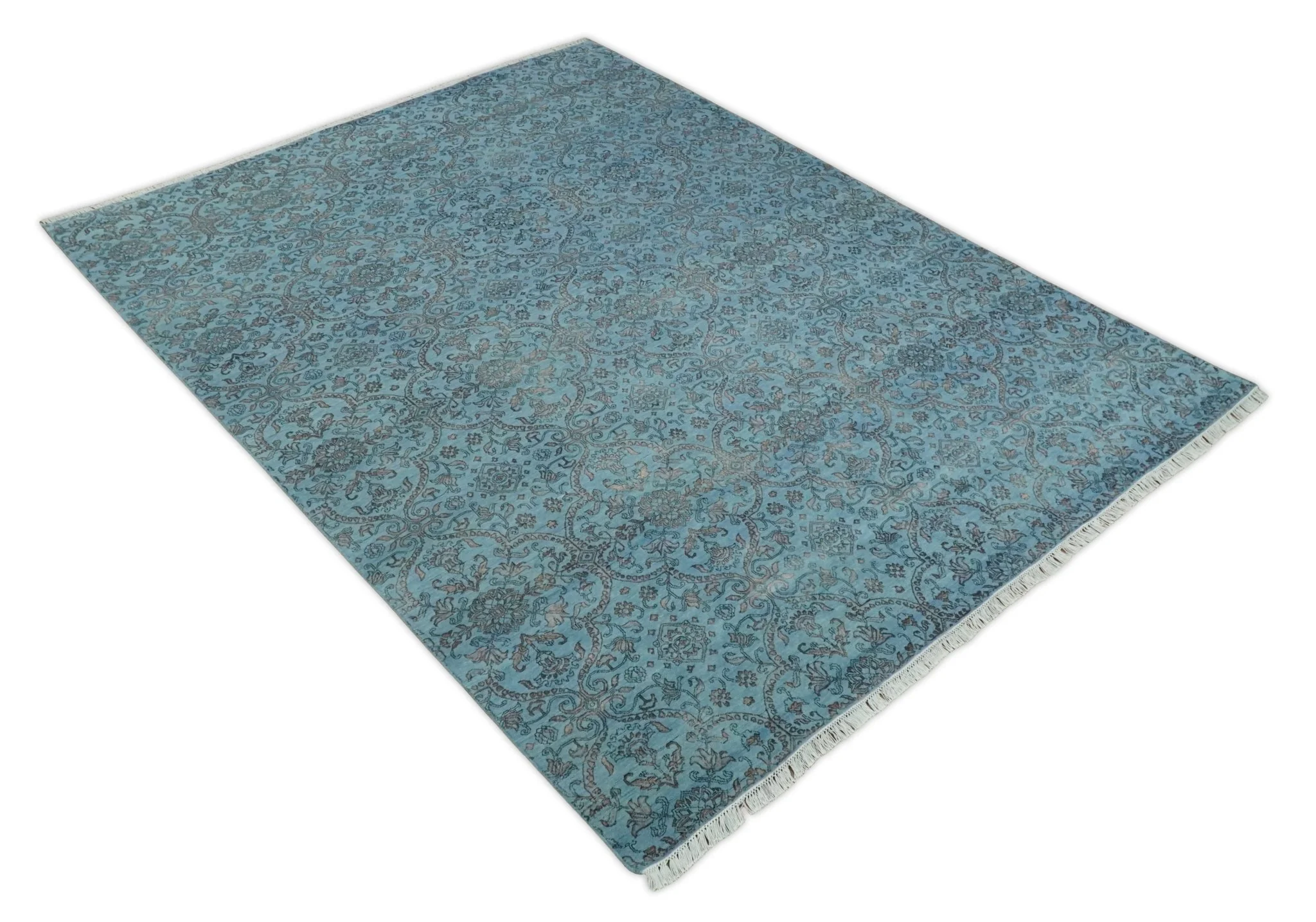 9x12 Fine Hand Knotted Blue and Brown Traditional Vintage Persian Wool and Silk Area Rug | AGR32 - Image 8