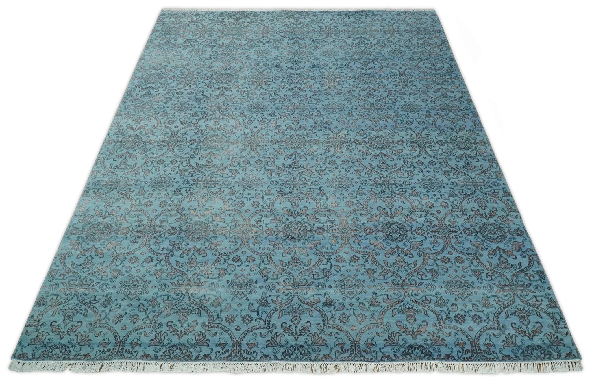 9x12 Fine Hand Knotted Blue and Brown Traditional Vintage Persian Wool and Silk Area Rug | AGR32 - Image 9
