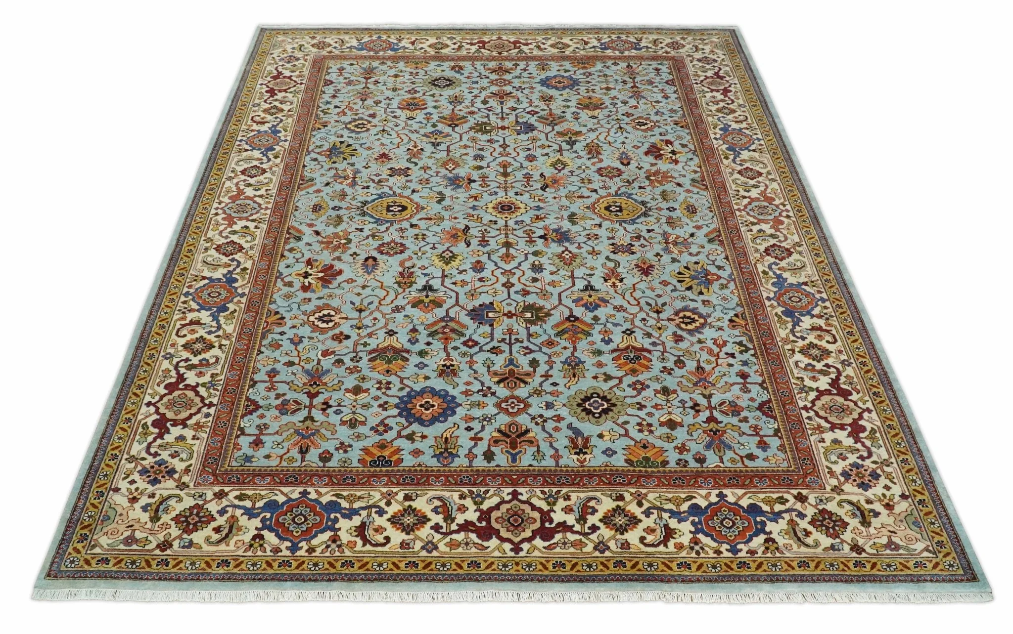 8x10 and 9x12 Fine Hand Knotted Blue and Ivory Traditional Vintage Antique Persian Wool Rug | TRDCP853 - Image 11