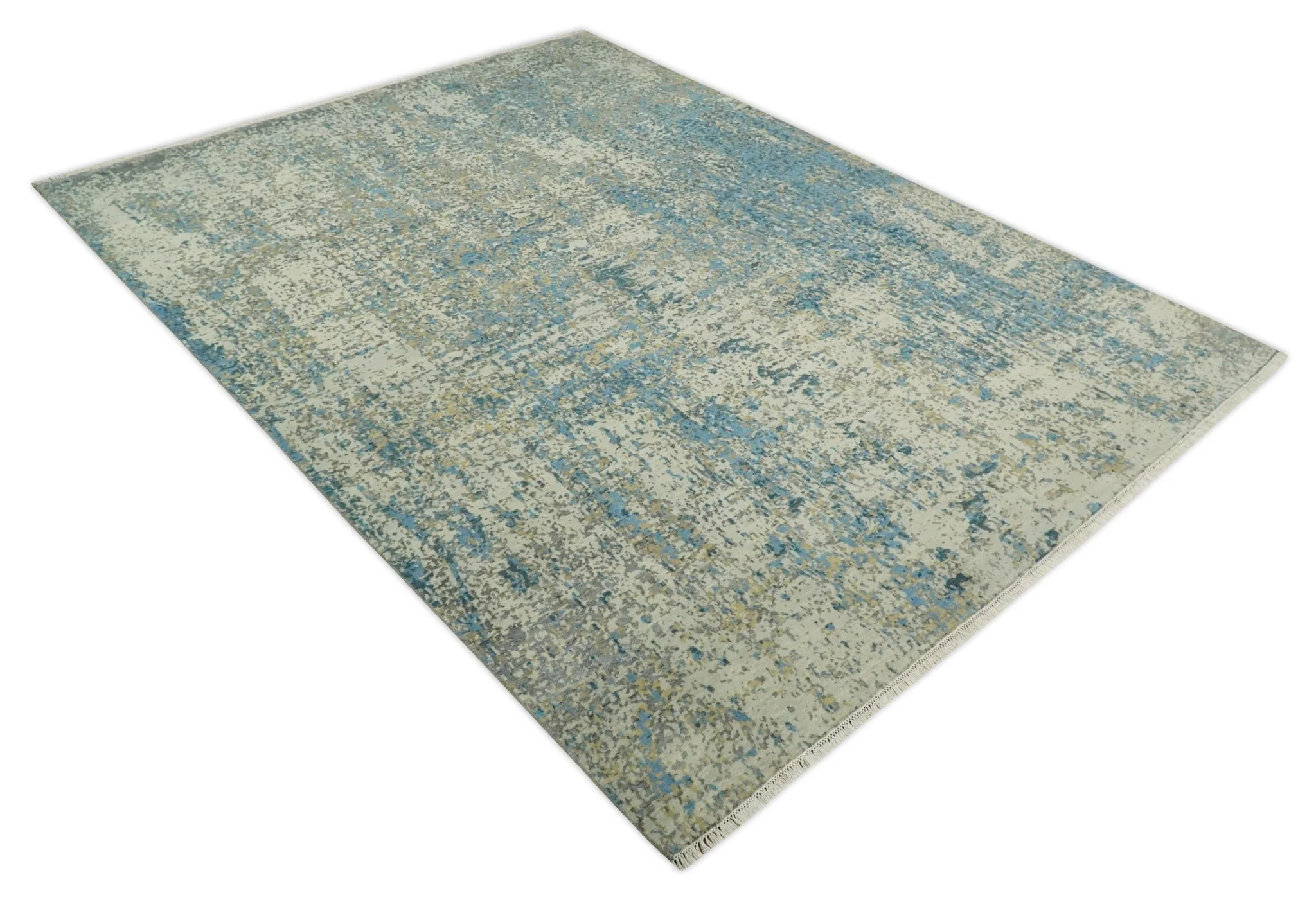 9x12 Fine Hand knotted Bue and Beige Traditional Modern Abstract Wool and Bamboo Silk Area Rug | TRDCP675912 - Image 10