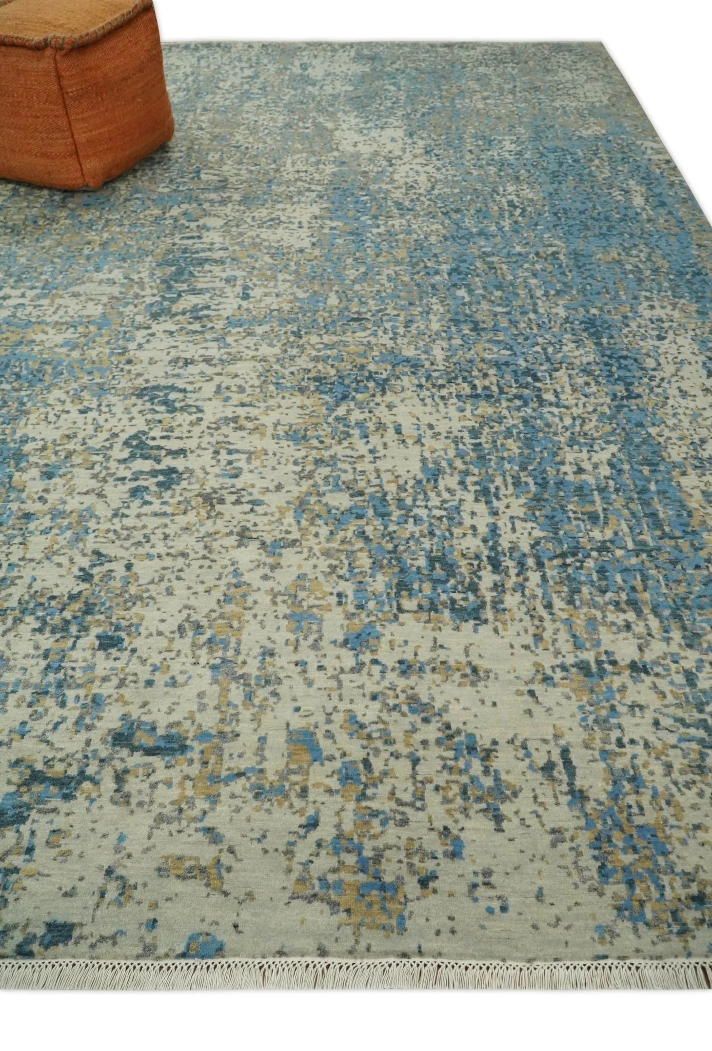 9x12 Fine Hand knotted Bue and Beige Traditional Modern Abstract Wool and Bamboo Silk Area Rug | TRDCP675912 - Image 3