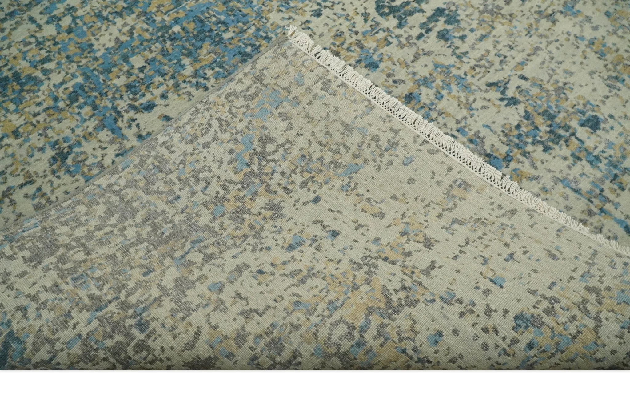 9x12 Fine Hand knotted Bue and Beige Traditional Modern Abstract Wool and Bamboo Silk Area Rug | TRDCP675912 - Image 6