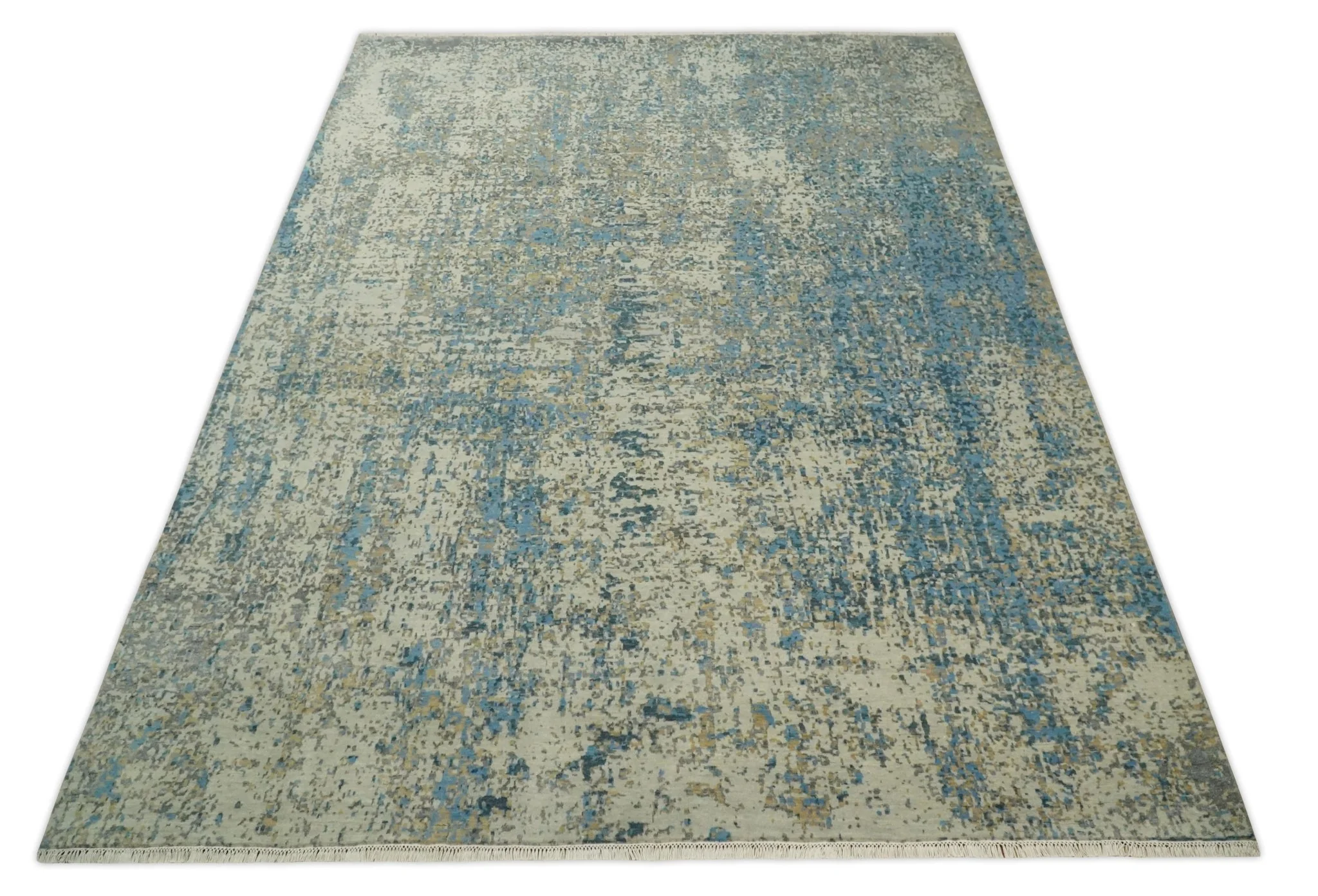 9x12 Fine Hand knotted Bue and Beige Traditional Modern Abstract Wool and Bamboo Silk Area Rug | TRDCP675912 - Image 9