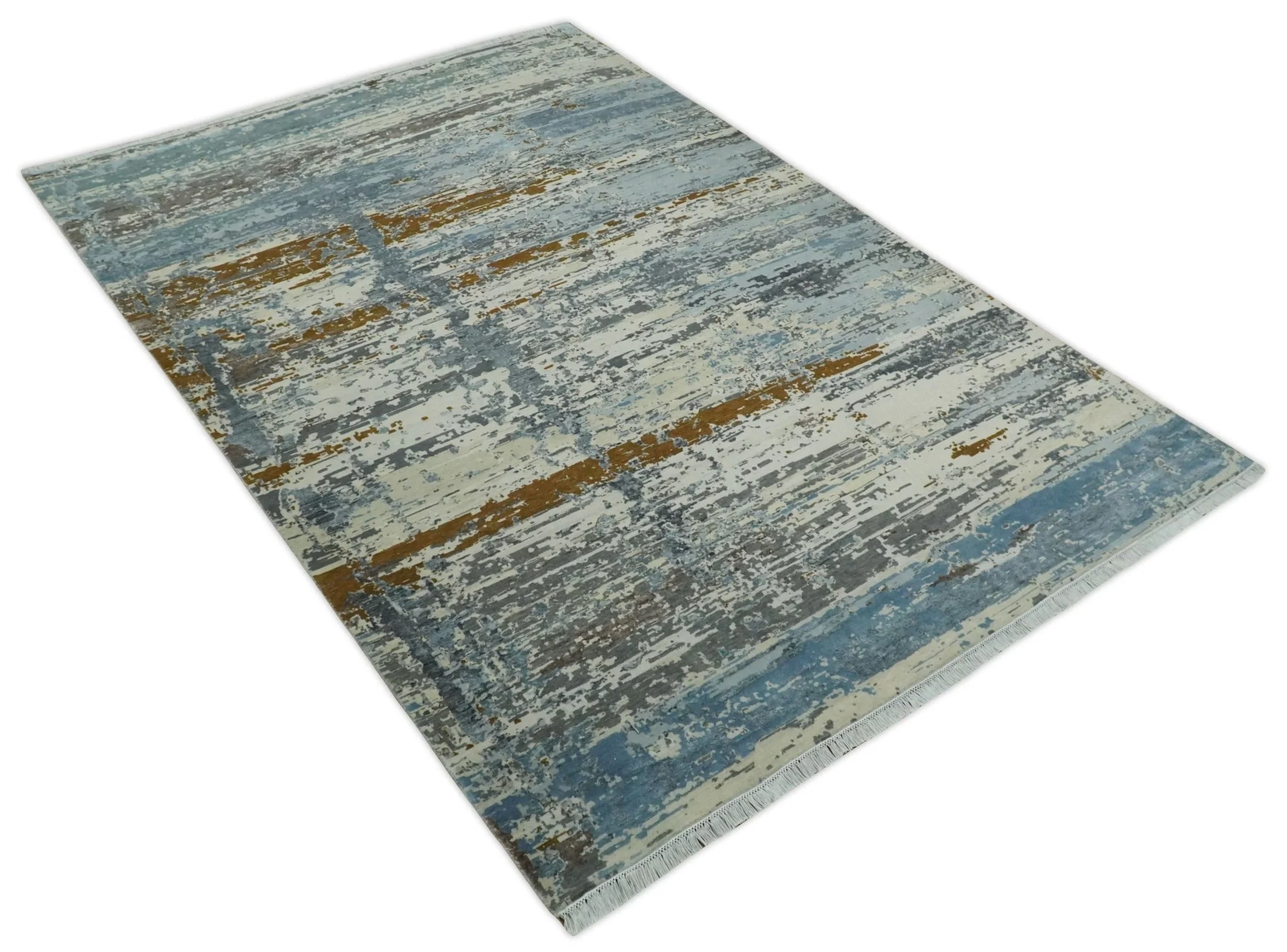 9x12 Fine Hand Knotted Ivory and Blue Modern Abstract Style Antique Wool and Silk Area Rug | AGR22 - Image 11