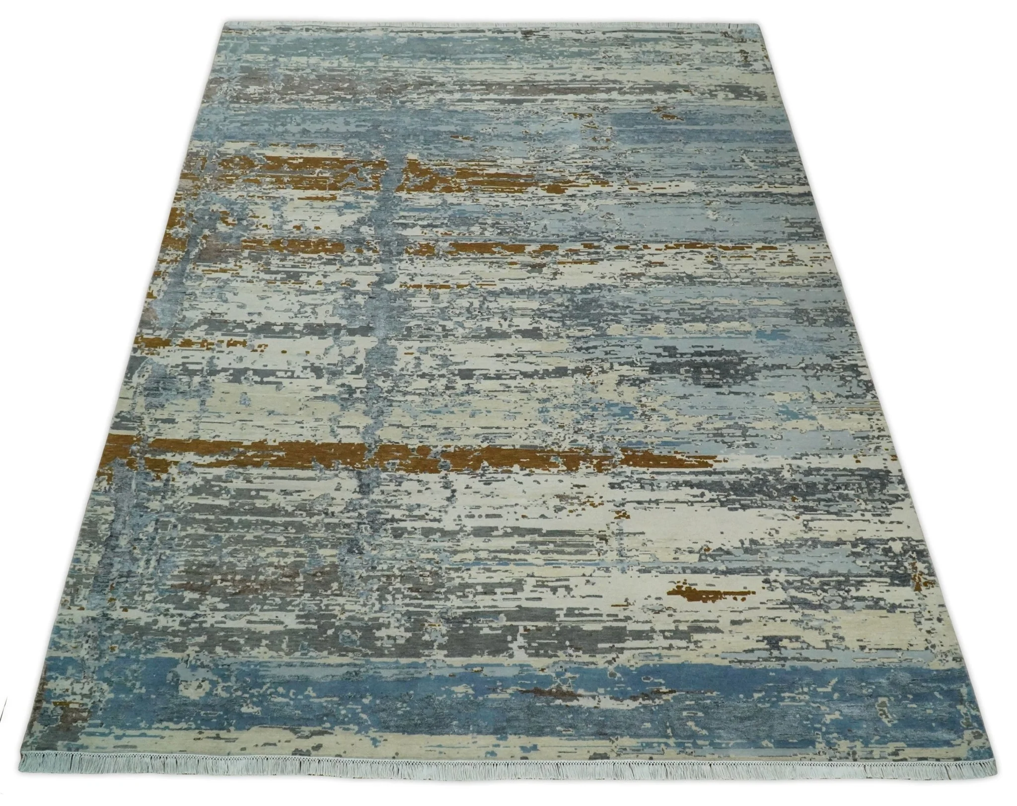 9x12 Fine Hand Knotted Ivory and Blue Modern Abstract Style Antique Wool and Silk Area Rug | AGR22 - Image 12