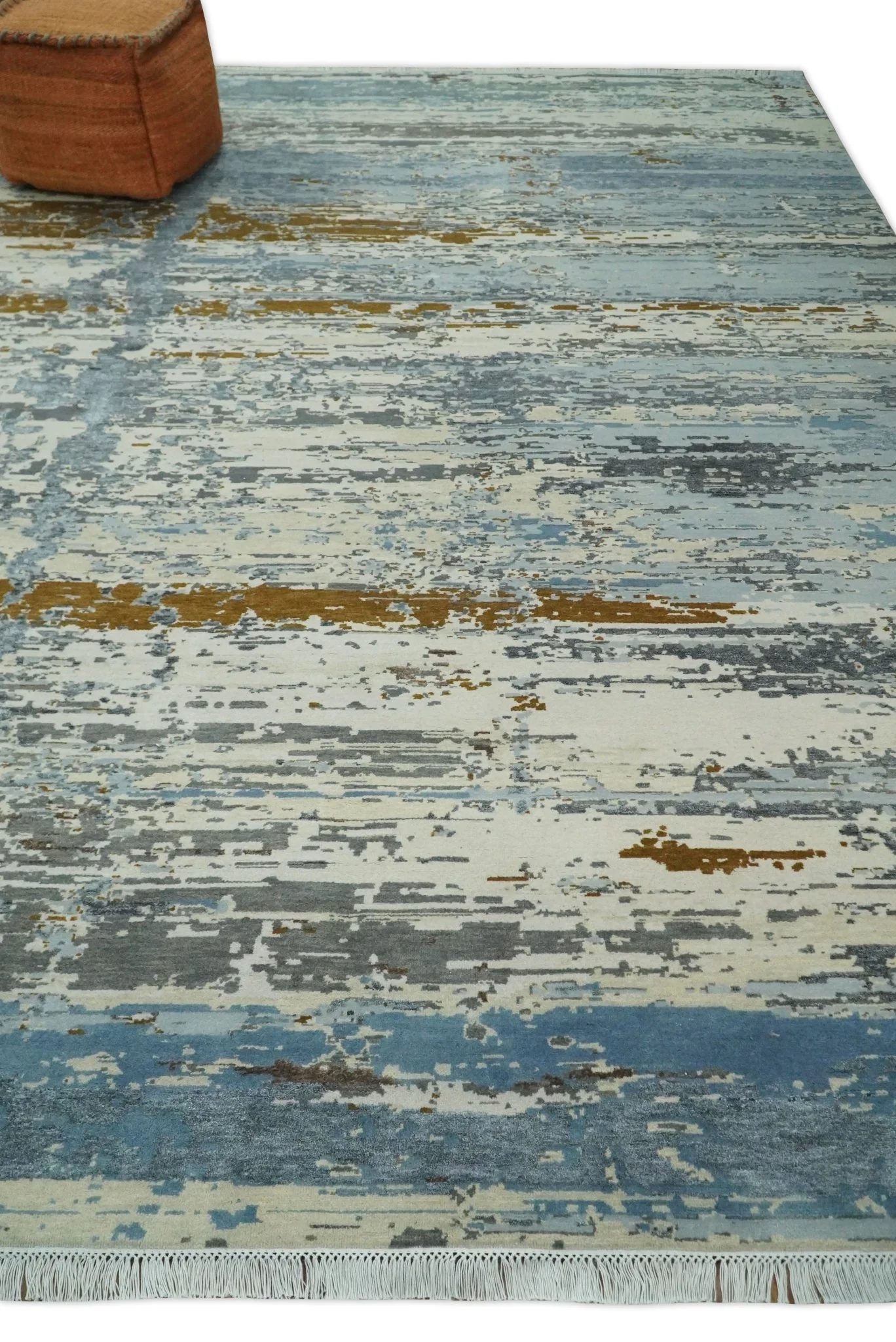 9x12 Fine Hand Knotted Ivory and Blue Modern Abstract Style Antique Wool and Silk Area Rug | AGR22 - Image 3