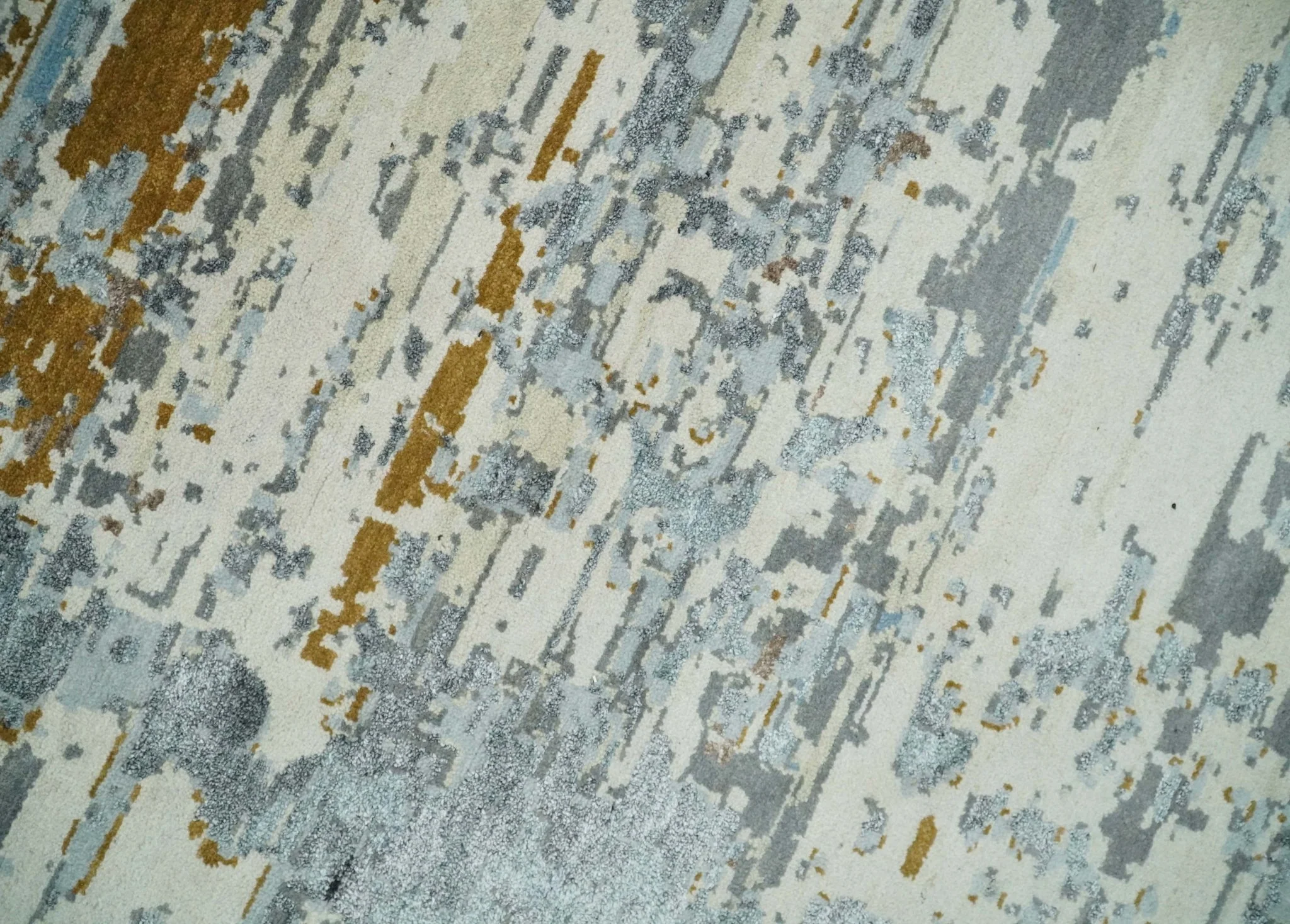9x12 Fine Hand Knotted Ivory and Blue Modern Abstract Style Antique Wool and Silk Area Rug | AGR22 - Image 4