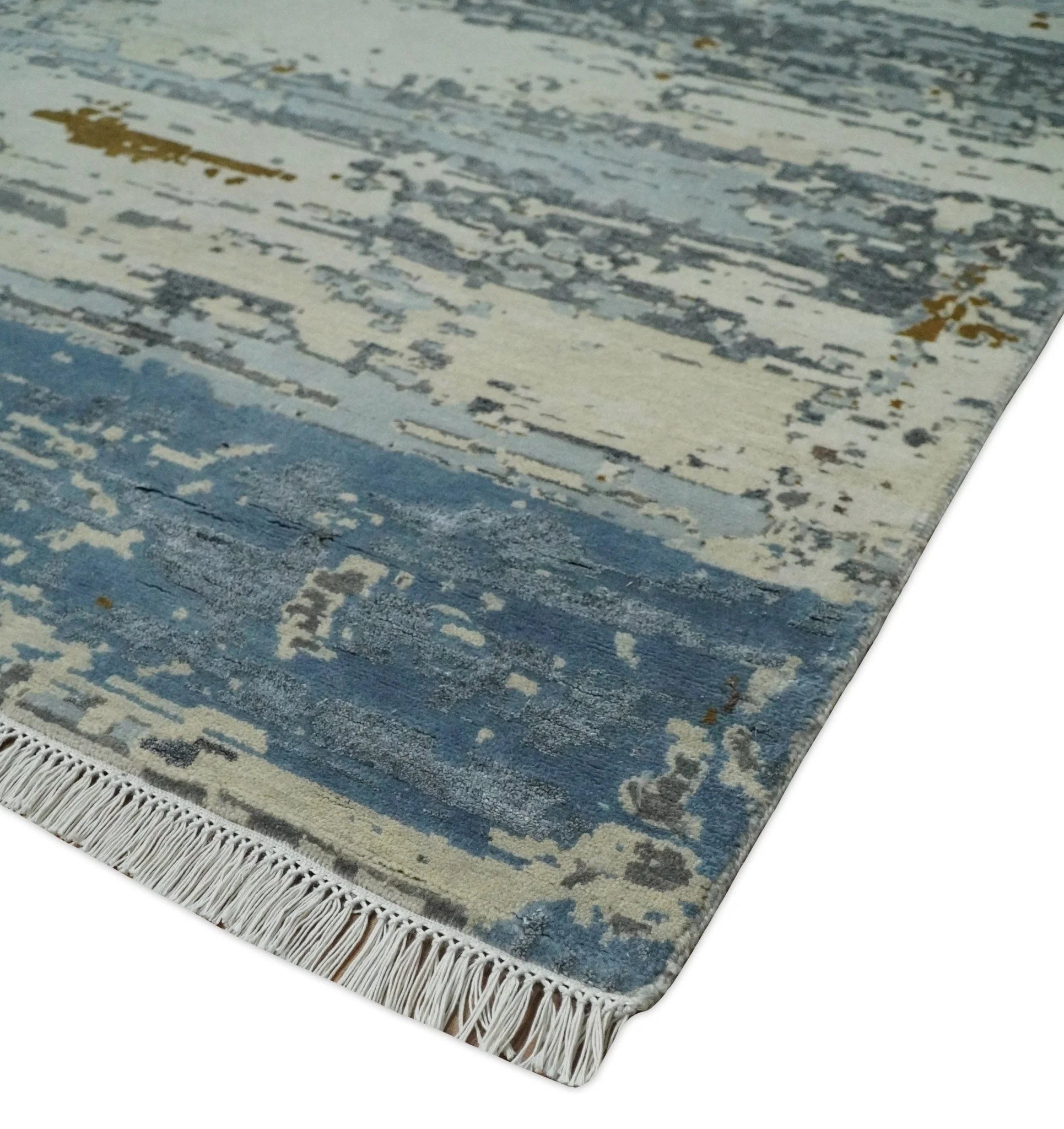 9x12 Fine Hand Knotted Ivory and Blue Modern Abstract Style Antique Wool and Silk Area Rug | AGR22 - Image 5