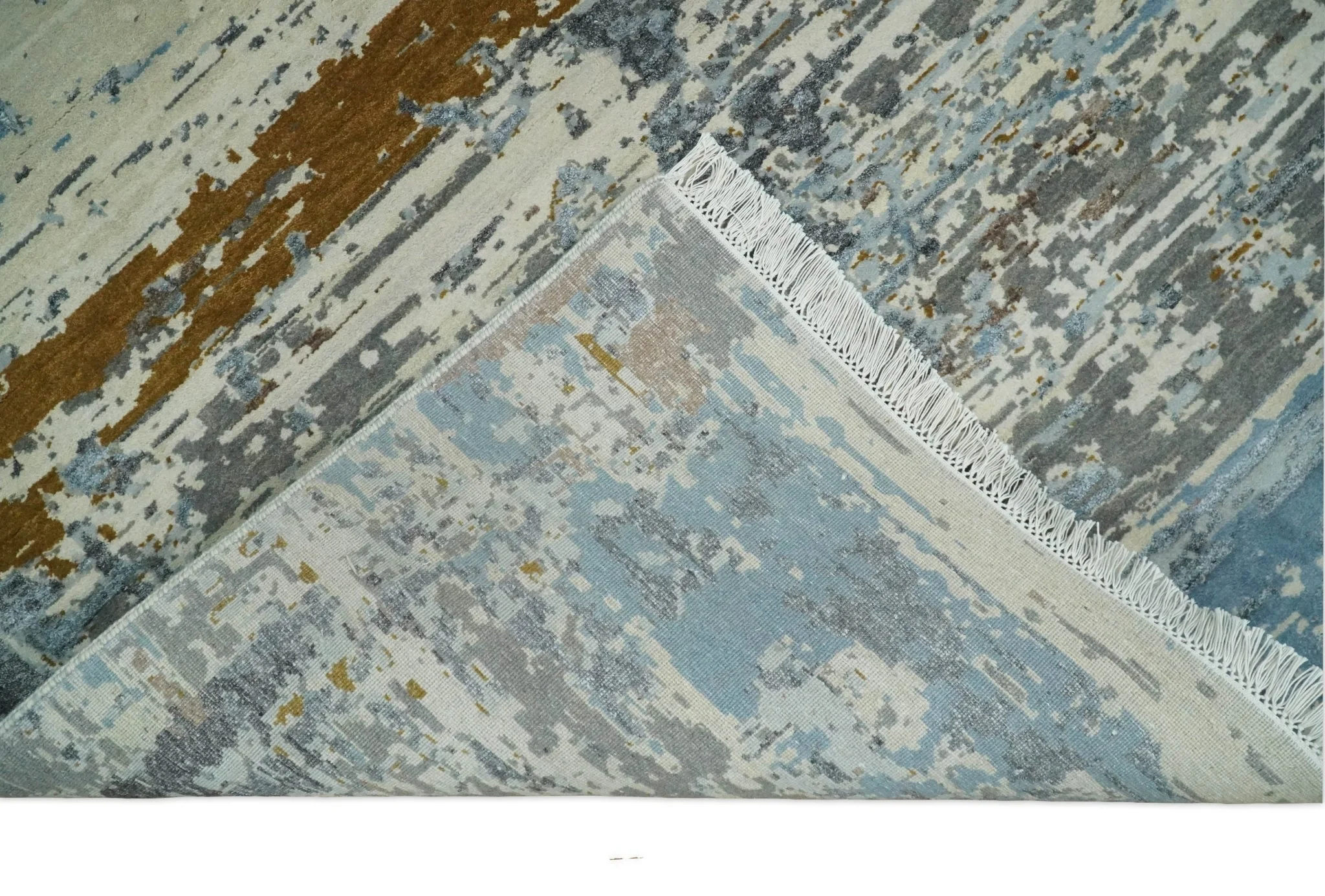 9x12 Fine Hand Knotted Ivory and Blue Modern Abstract Style Antique Wool and Silk Area Rug | AGR22 - Image 8