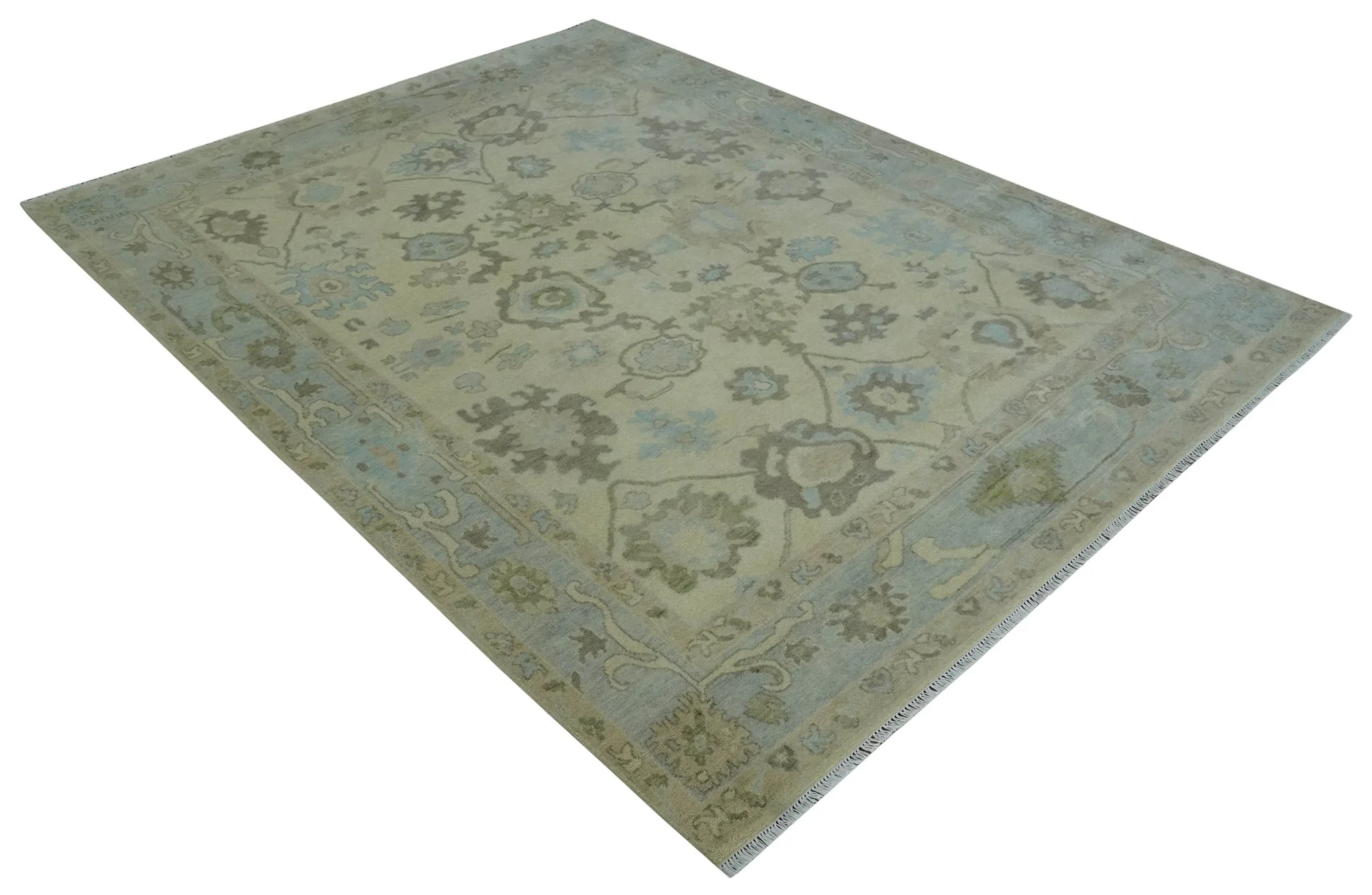 9x12 Hand Knotted Antique Style Beige and Silver Traditional Wool Rug - Image 9