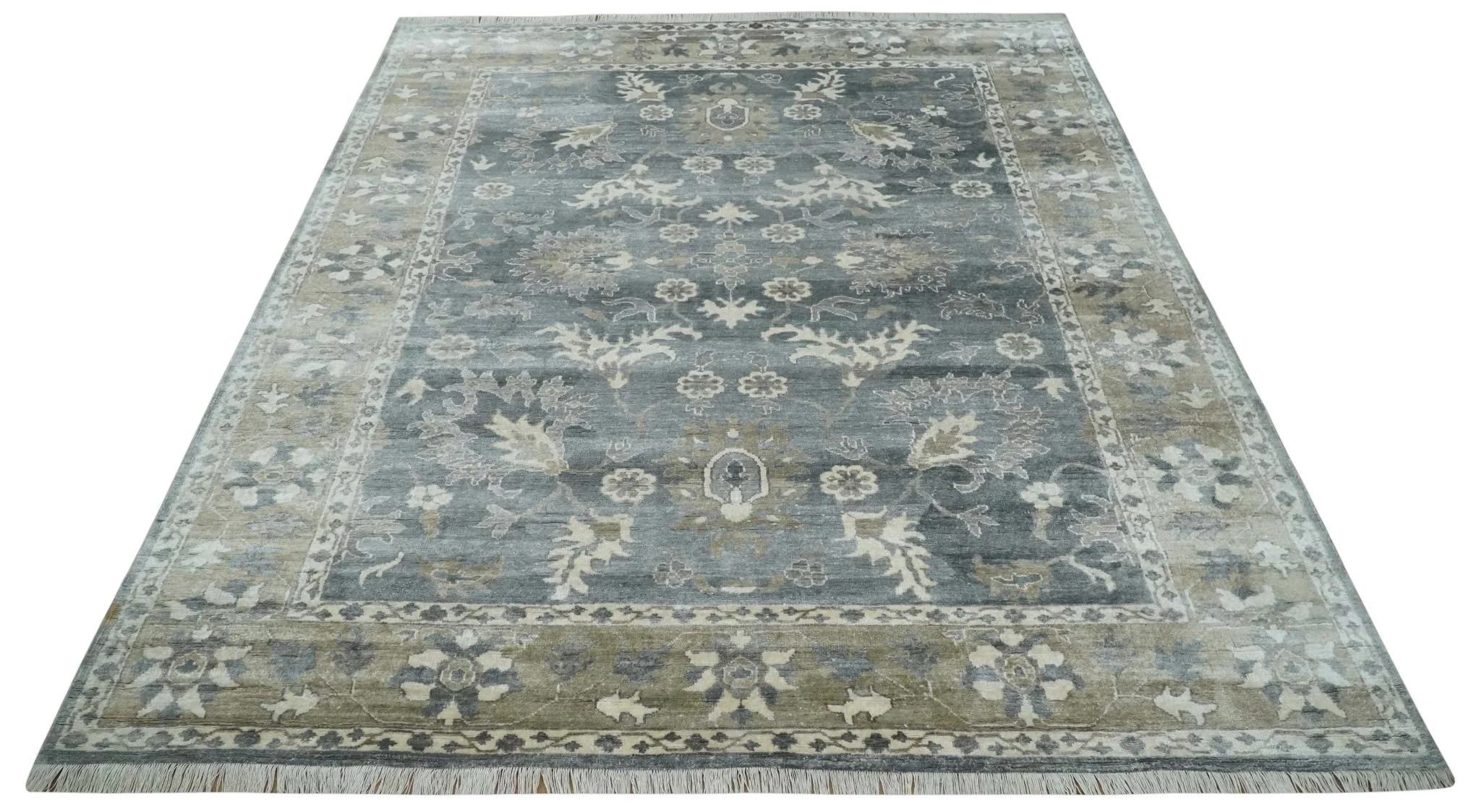 Hand Knotted 9x12 Charcoal, Ivory and Beige Antique Floral Traditional Bamboo Silk Area Rug - Image 10