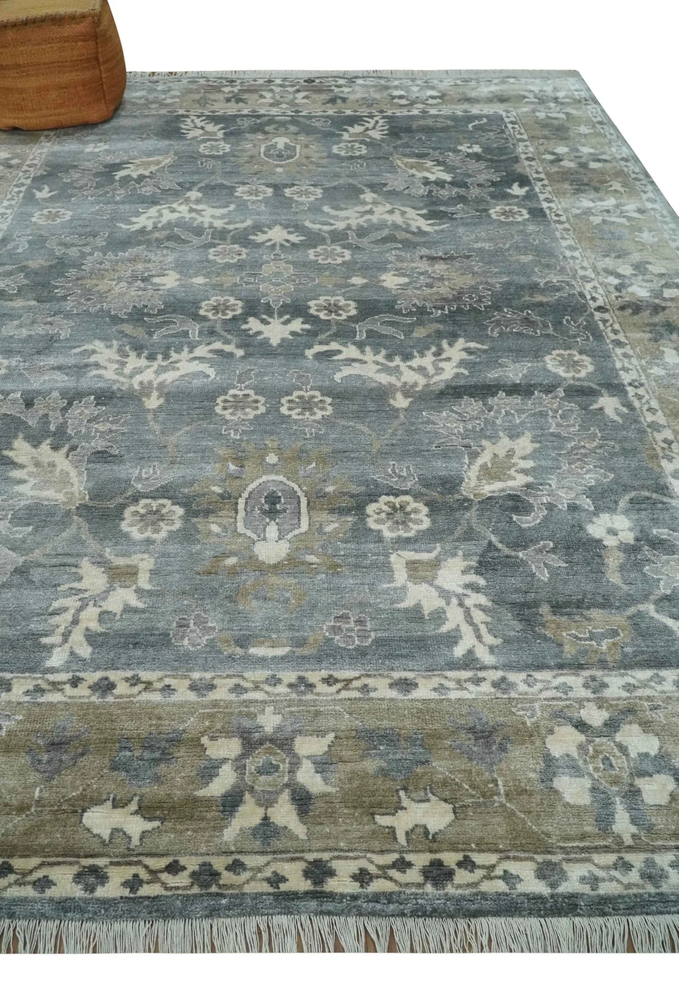 Hand Knotted 9x12 Charcoal, Ivory and Beige Antique Floral Traditional Bamboo Silk Area Rug - Image 3
