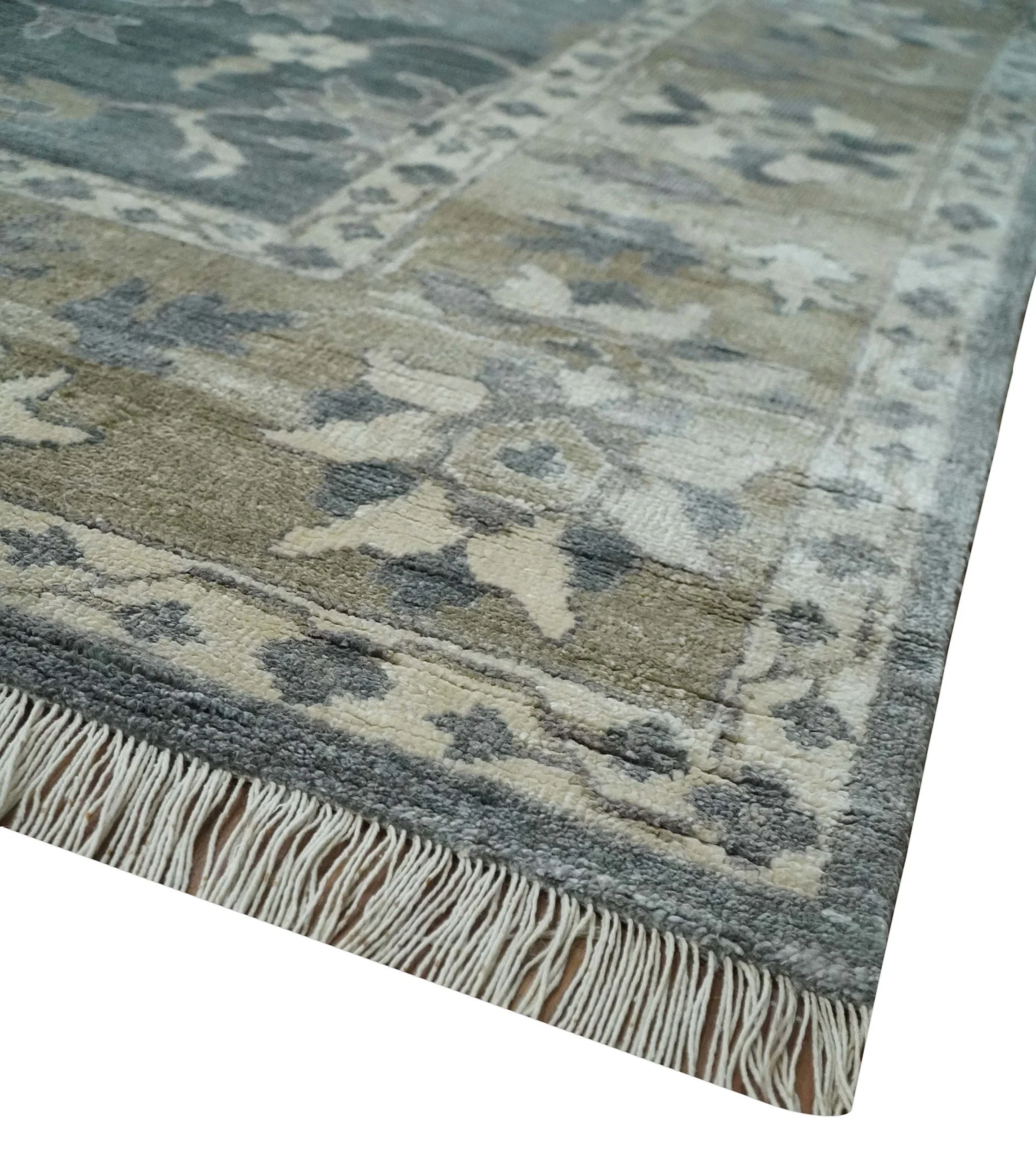 Hand Knotted 9x12 Charcoal, Ivory and Beige Antique Floral Traditional Bamboo Silk Area Rug - Image 5