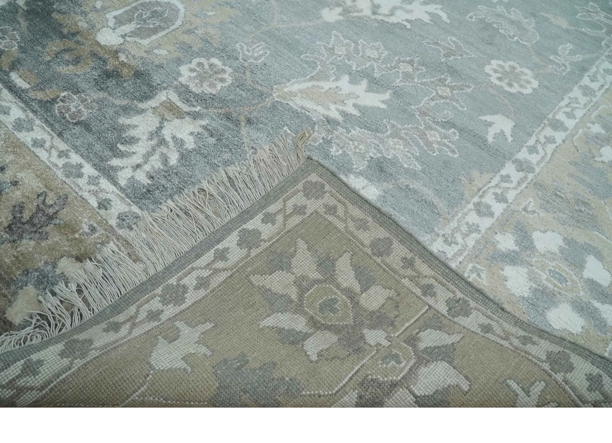 Hand Knotted 9x12 Charcoal, Ivory and Beige Antique Floral Traditional Bamboo Silk Area Rug - Image 7