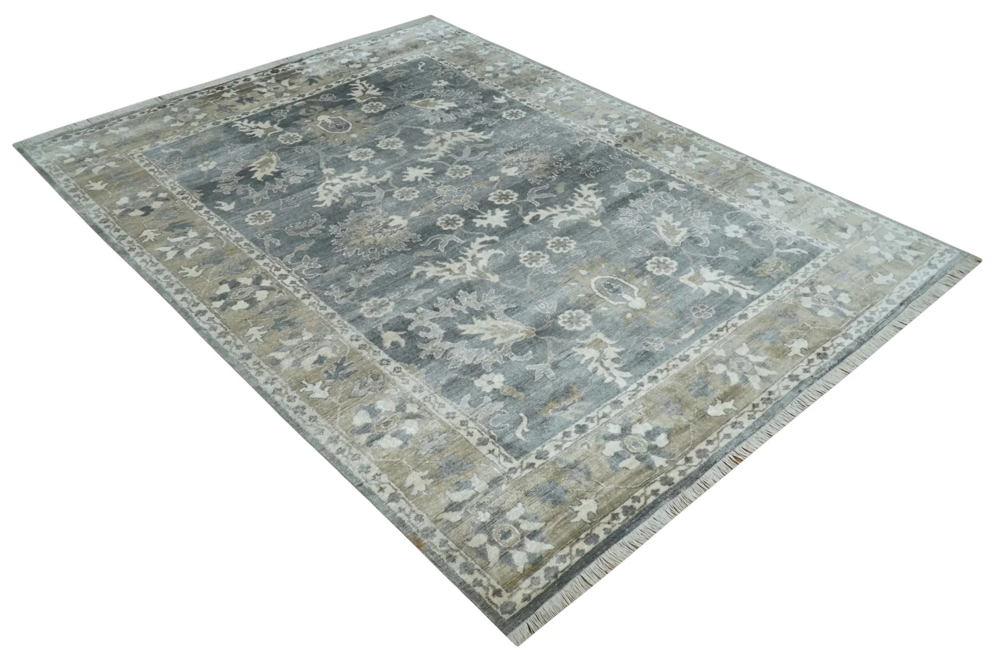 Hand Knotted 9x12 Charcoal, Ivory and Beige Antique Floral Traditional Bamboo Silk Area Rug - Image 9