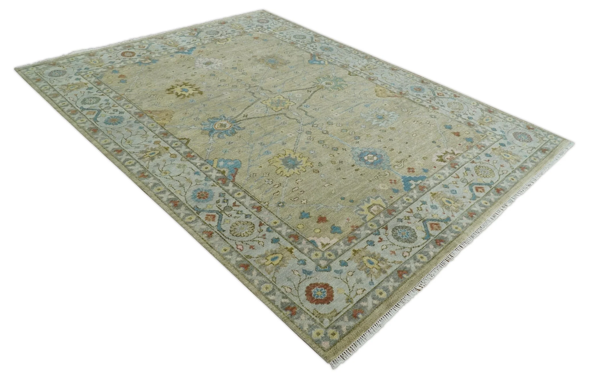9x12 Hand Knotted Beige and Ivory Floral Traditional Persian Oushak Wool Rug | TRDCP1205912S - Image 9