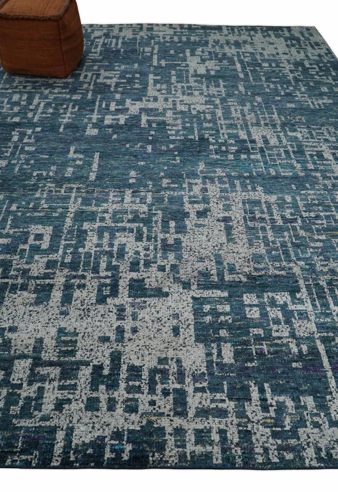 9x12 Hand Knotted Blue and Silver Modern Abstract Contemporary Recycled Silk Area Rug | OP3 - Image 3