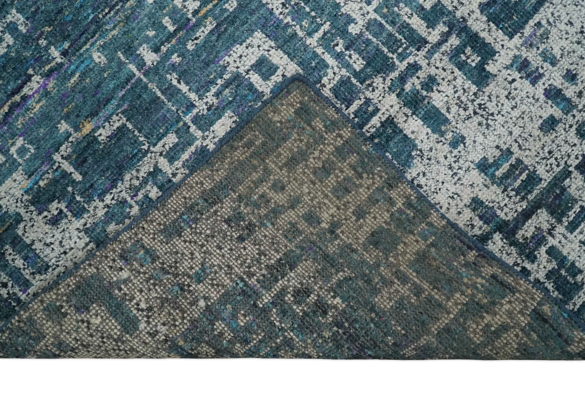 9x12 Hand Knotted Blue and Silver Modern Abstract Contemporary Recycled Silk Area Rug | OP3 - Image 7