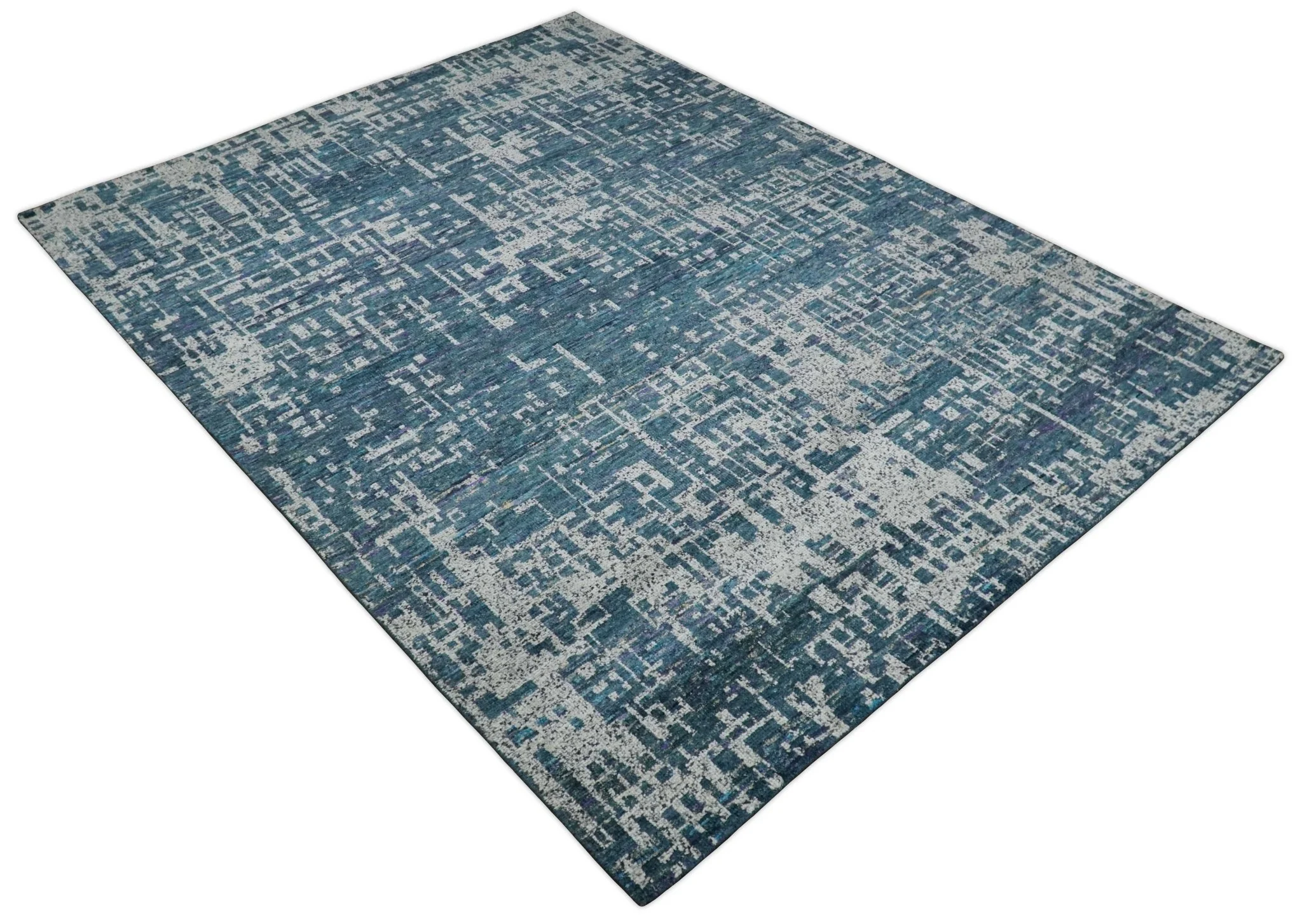 9x12 Hand Knotted Blue and Silver Modern Abstract Contemporary Recycled Silk Area Rug | OP3 - Image 8