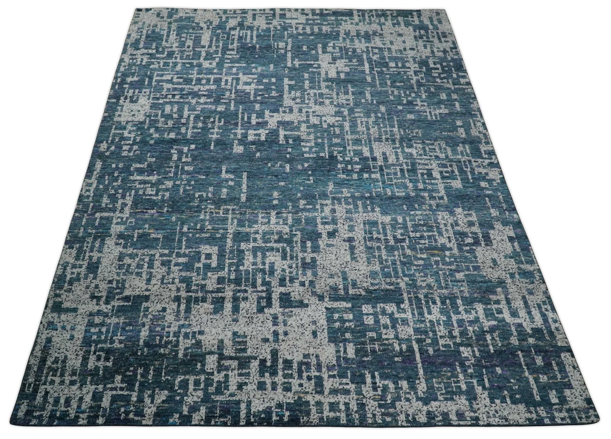 9x12 Hand Knotted Blue and Silver Modern Abstract Contemporary Recycled Silk Area Rug | OP3 - Image 9
