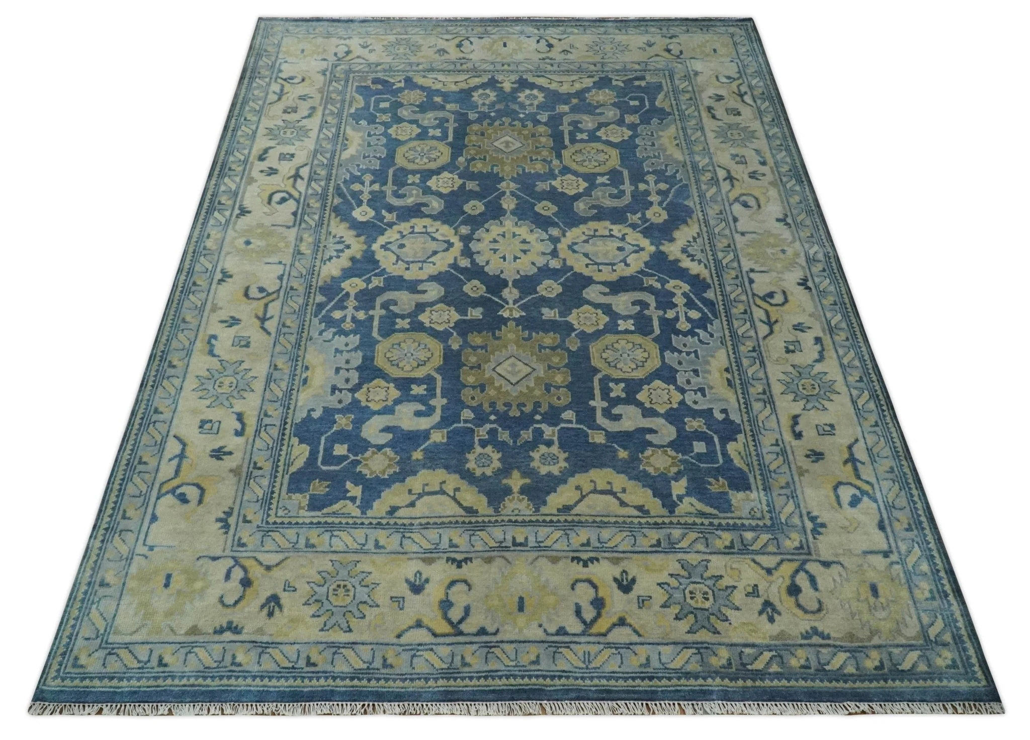 Ready to Ship 9x12 Hand Knotted Blue and Beige Traditional Oushak Wool Rug - Image 10