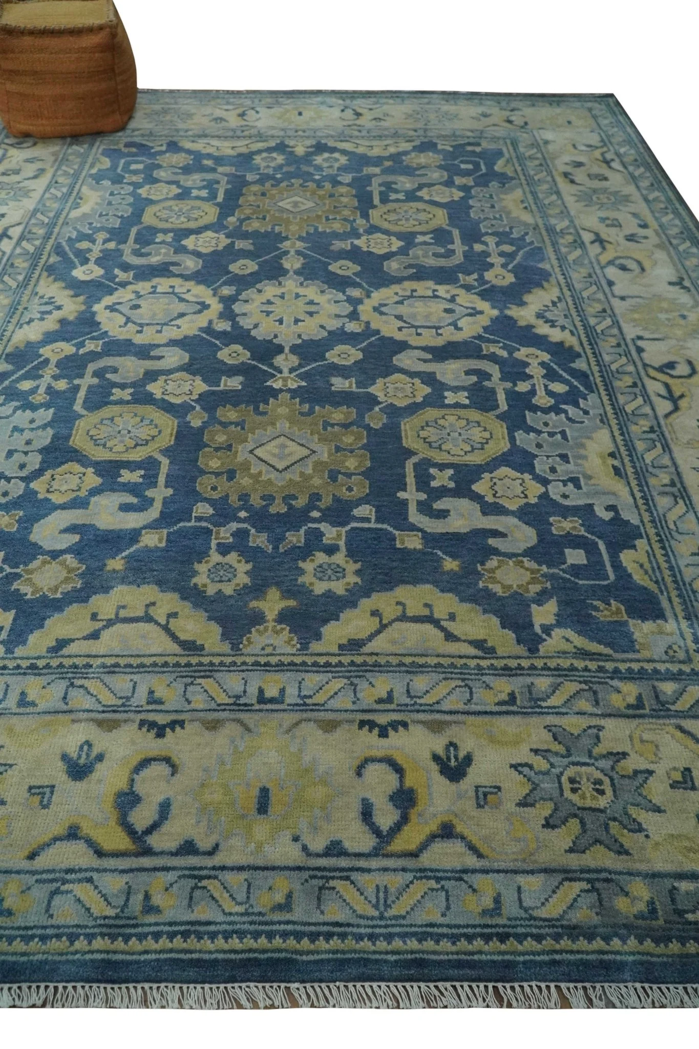 Ready to Ship 9x12 Hand Knotted Blue and Beige Traditional Oushak Wool Rug - Image 3