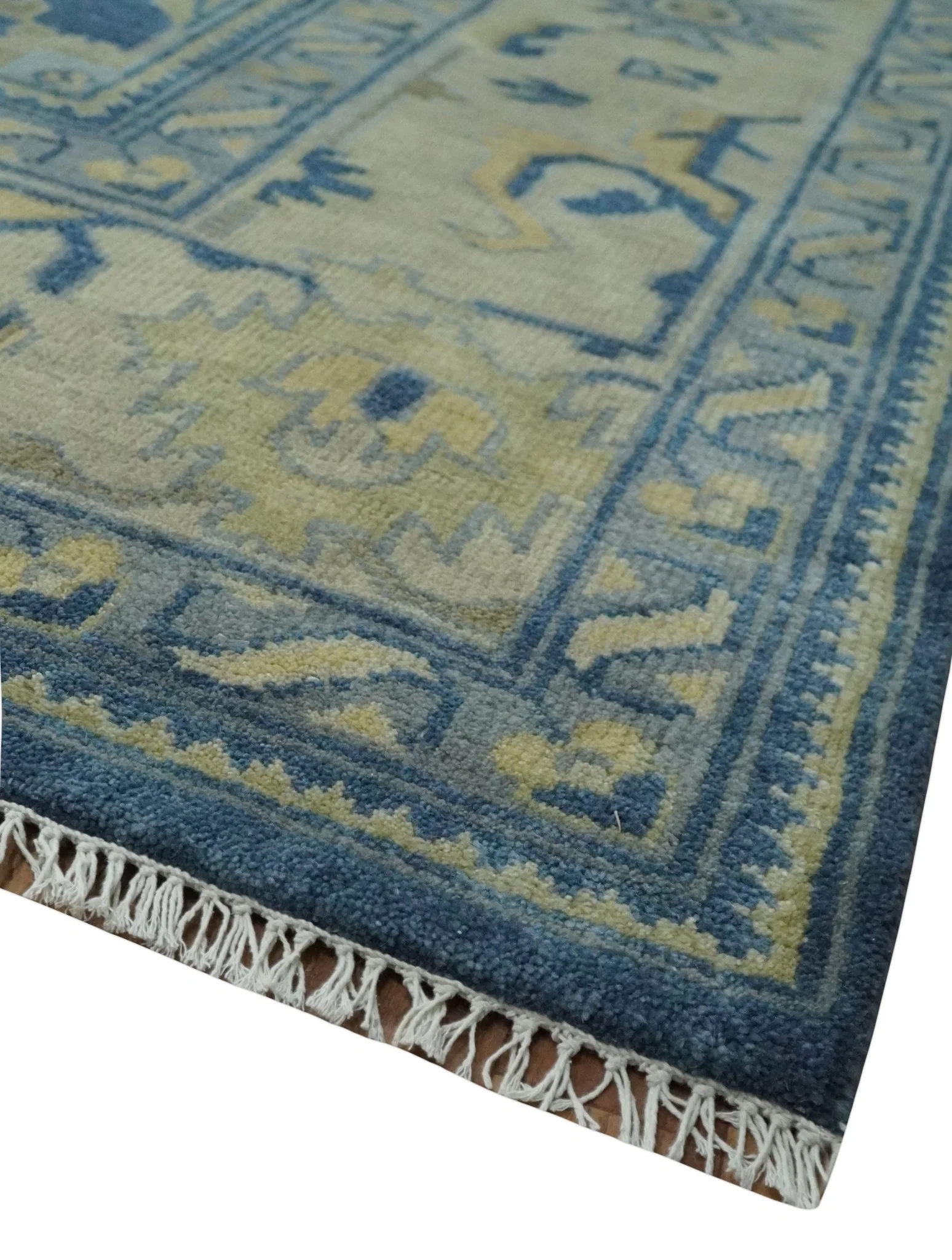 Ready to Ship 9x12 Hand Knotted Blue and Beige Traditional Oushak Wool Rug - Image 5