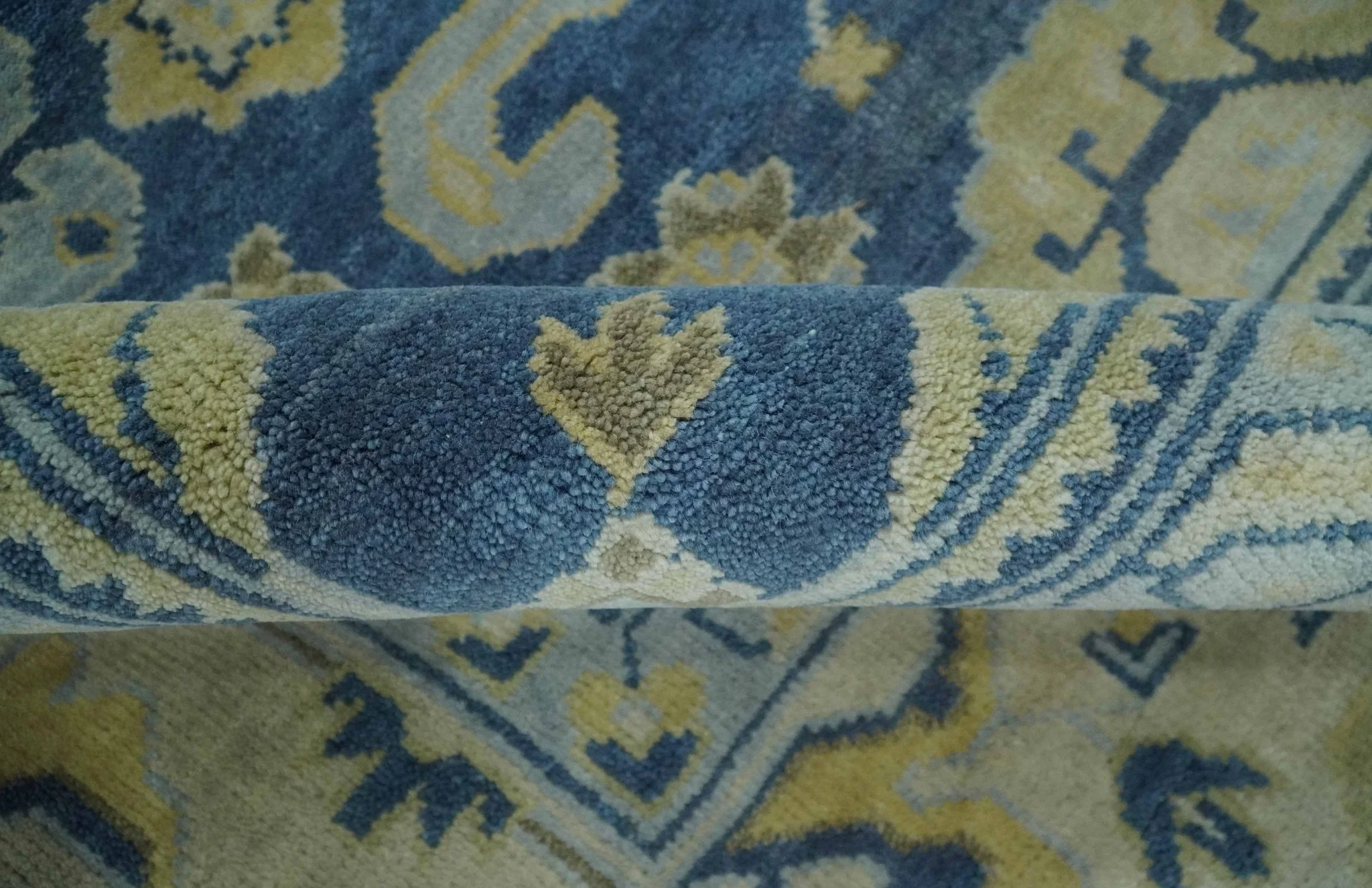 Ready to Ship 9x12 Hand Knotted Blue and Beige Traditional Oushak Wool Rug - Image 6