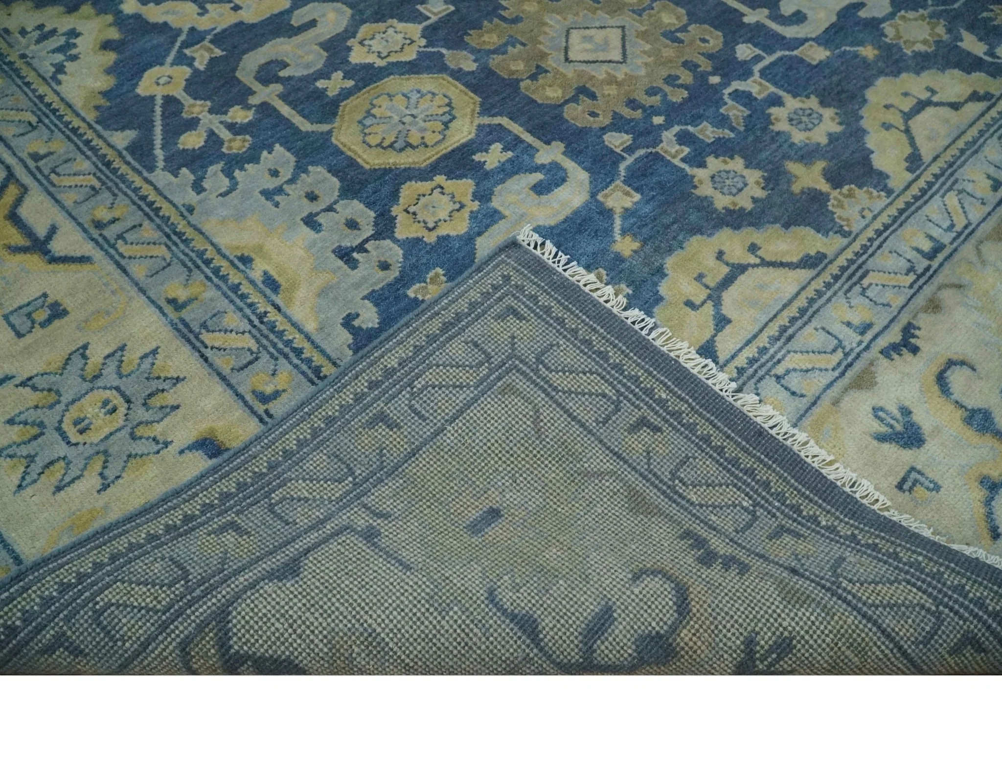 Ready to Ship 9x12 Hand Knotted Blue and Beige Traditional Oushak Wool Rug - Image 7