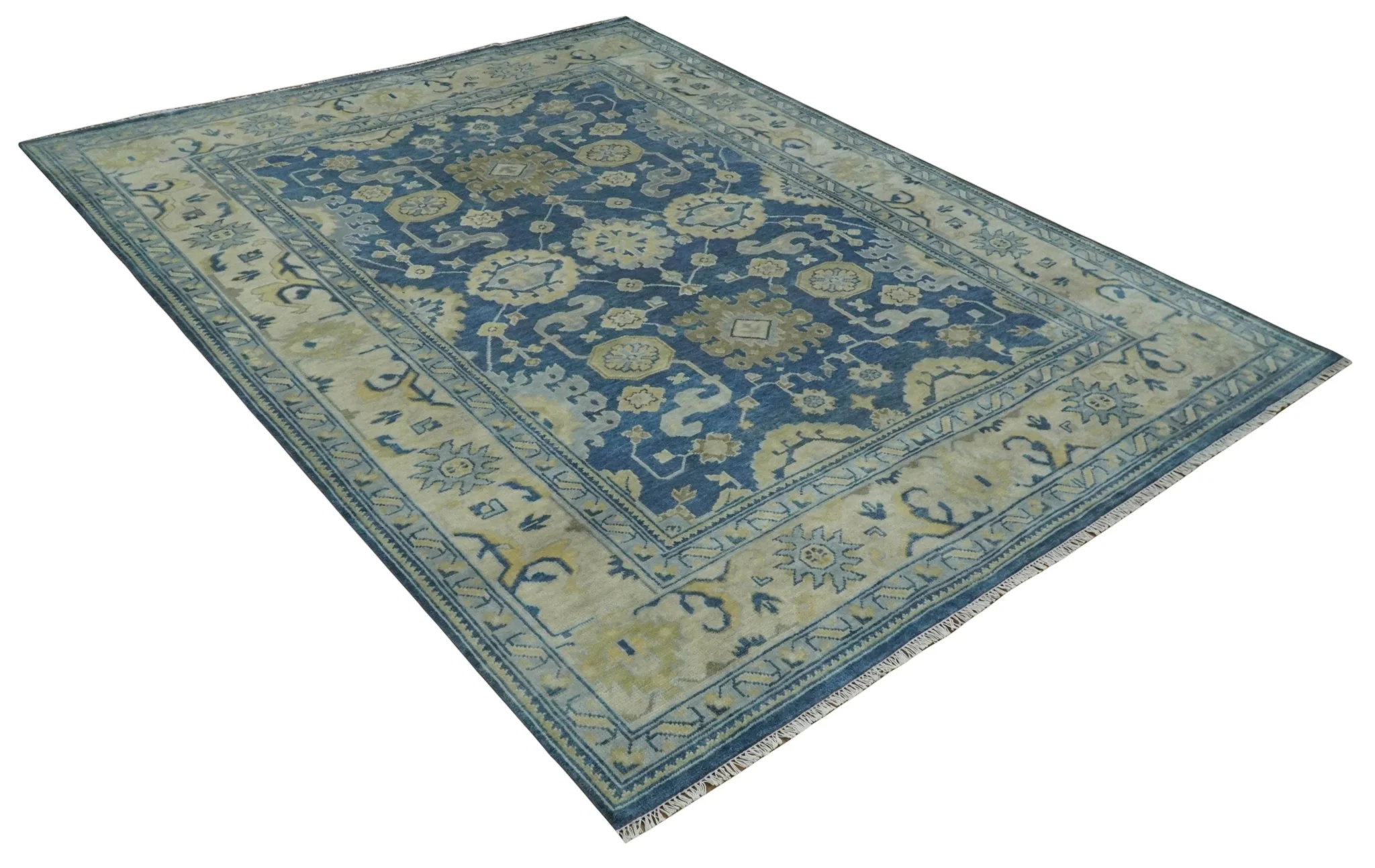 Ready to Ship 9x12 Hand Knotted Blue and Beige Traditional Oushak Wool Rug - Image 9
