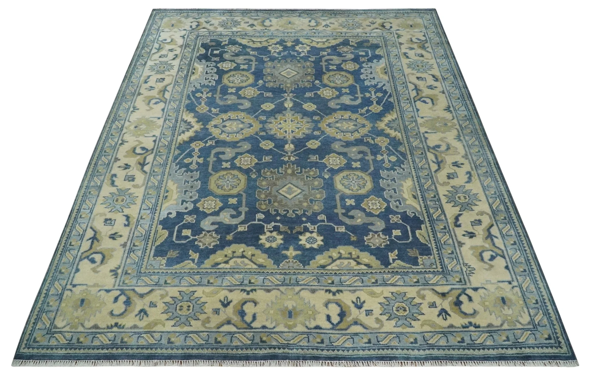 9x12 Hand Knotted Blue and Beige Traditional Oushak Wool Area Rug - Image 10