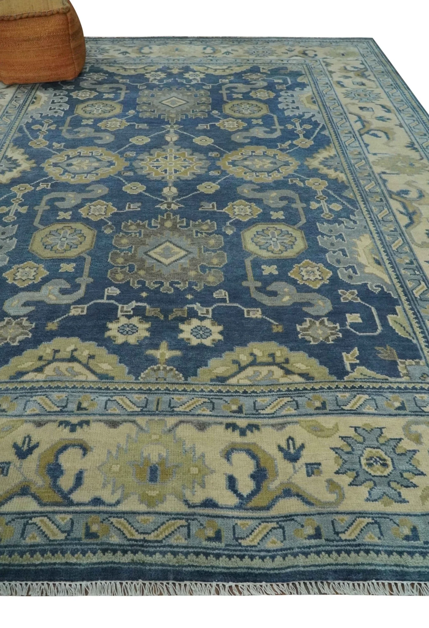 9x12 Hand Knotted Blue and Beige Traditional Oushak Wool Area Rug - Image 3