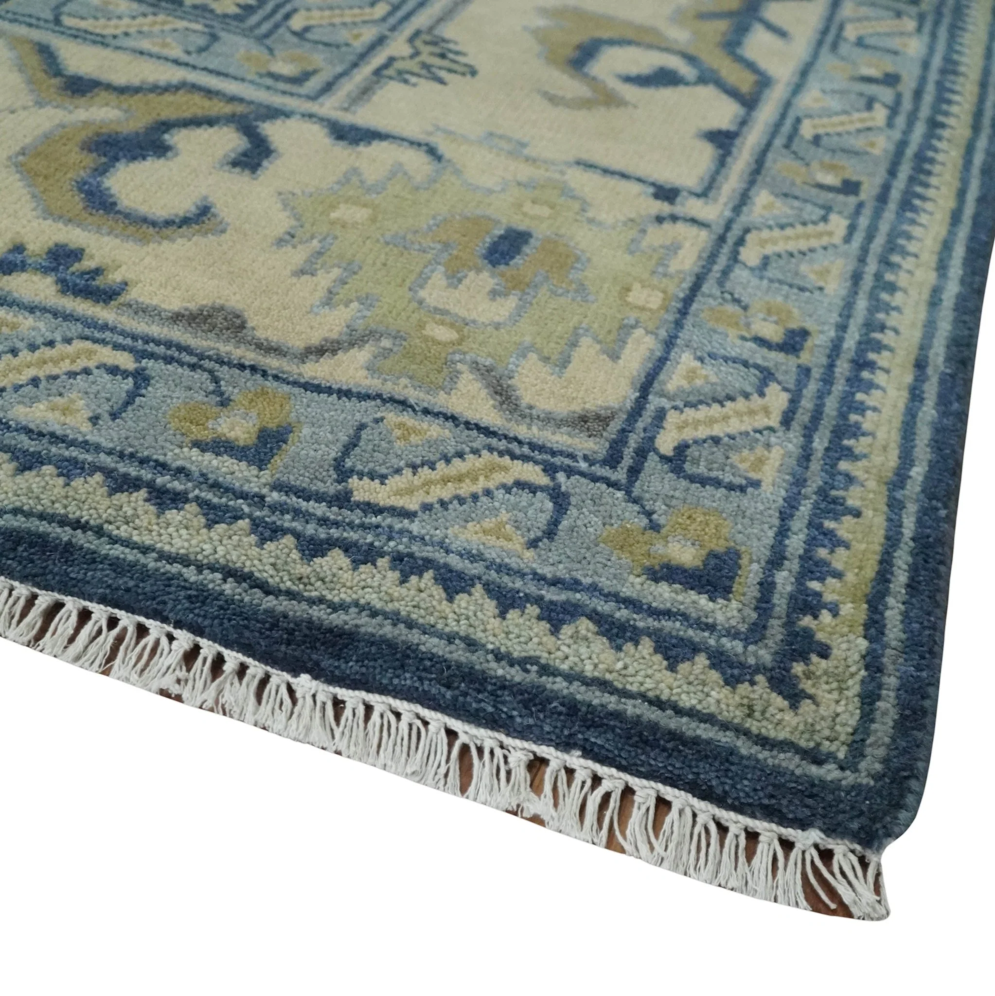 9x12 Hand Knotted Blue and Beige Traditional Oushak Wool Area Rug - Image 5