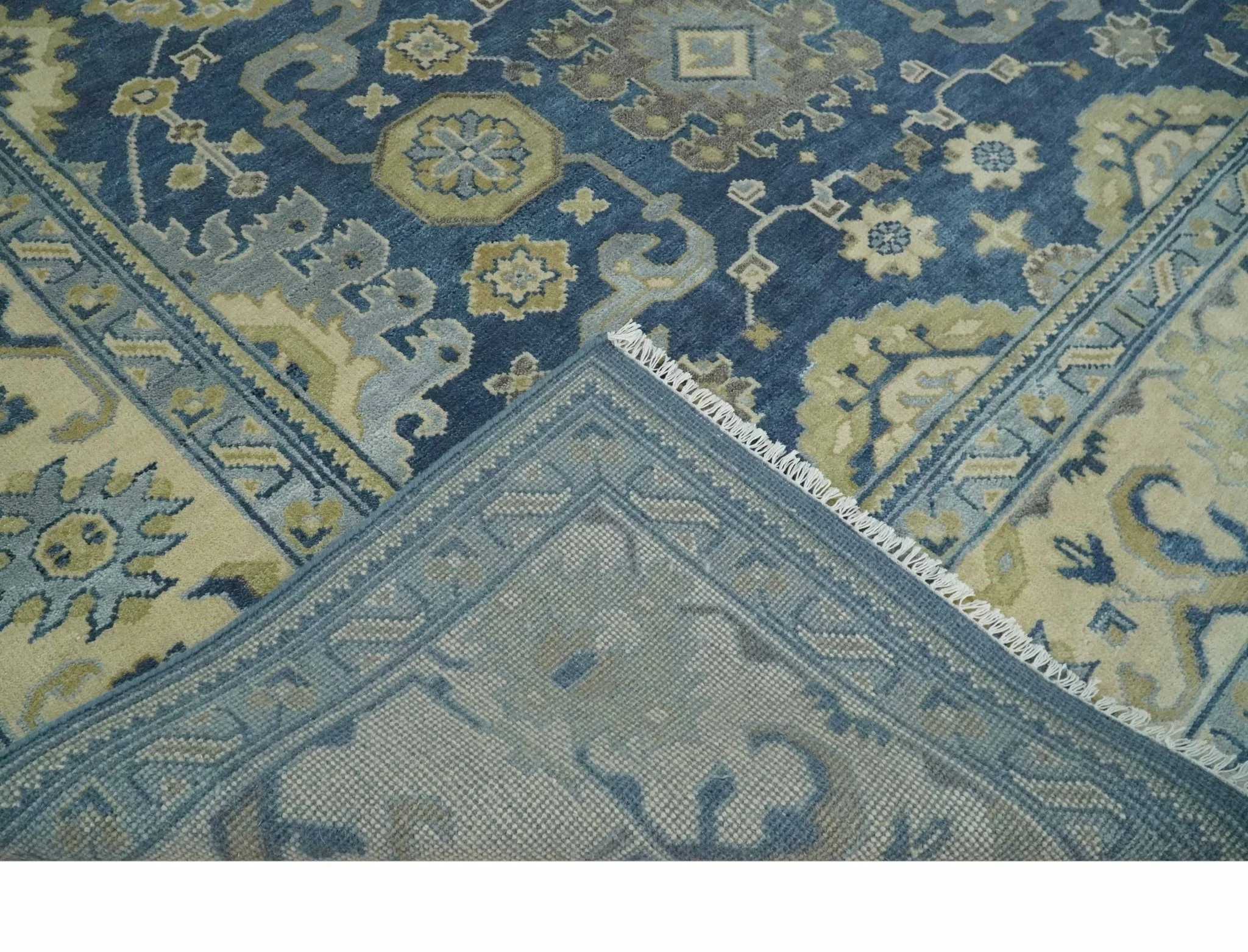 9x12 Hand Knotted Blue and Beige Traditional Oushak Wool Area Rug - Image 7