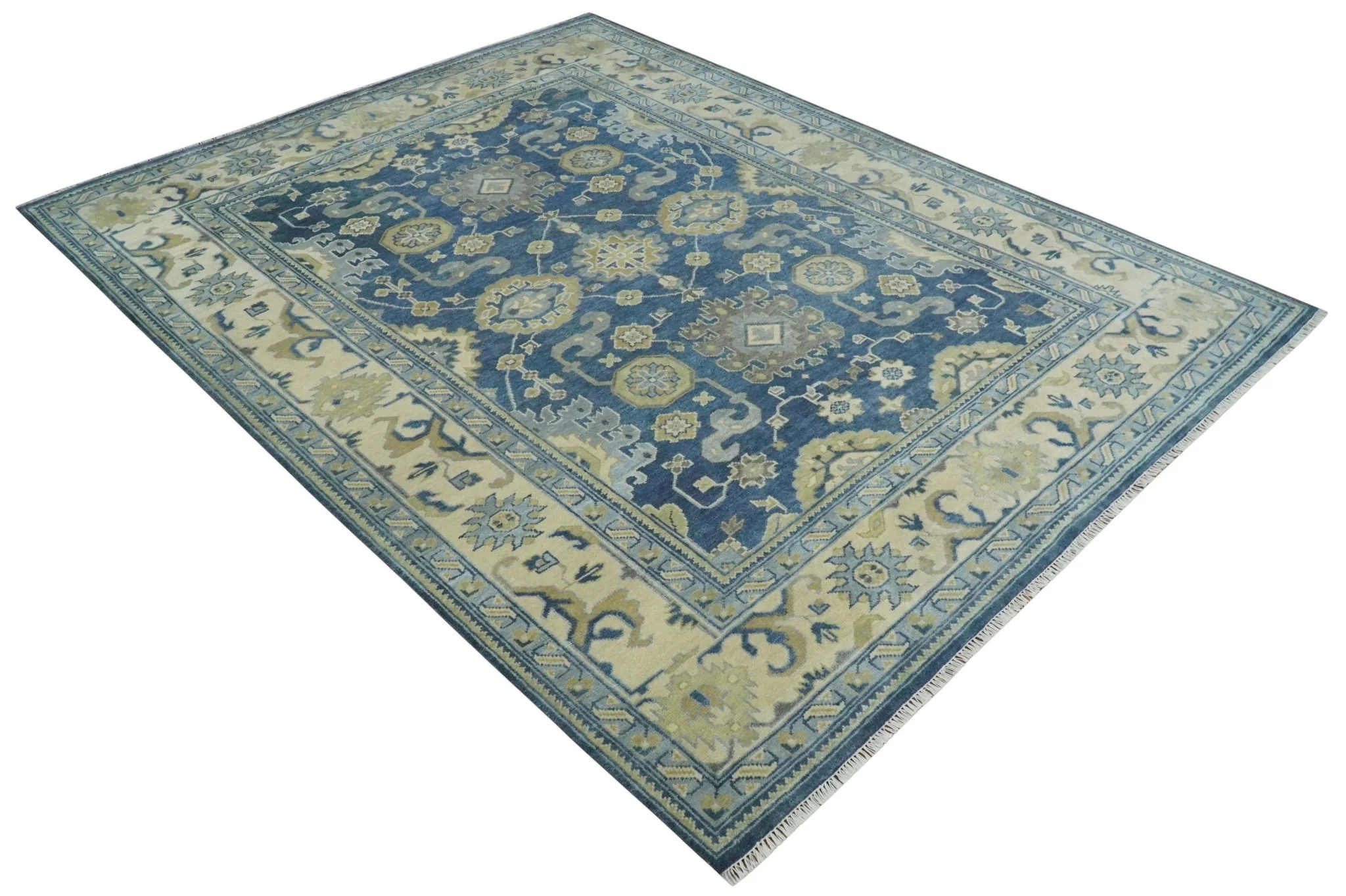 9x12 Hand Knotted Blue and Beige Traditional Oushak Wool Area Rug - Image 9