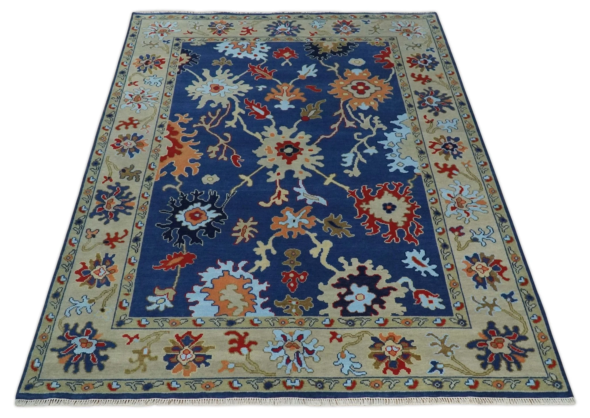 9x12 Hand Knotted Blue and Beige Colorful Oushak Wool Area Rug - Image 10
