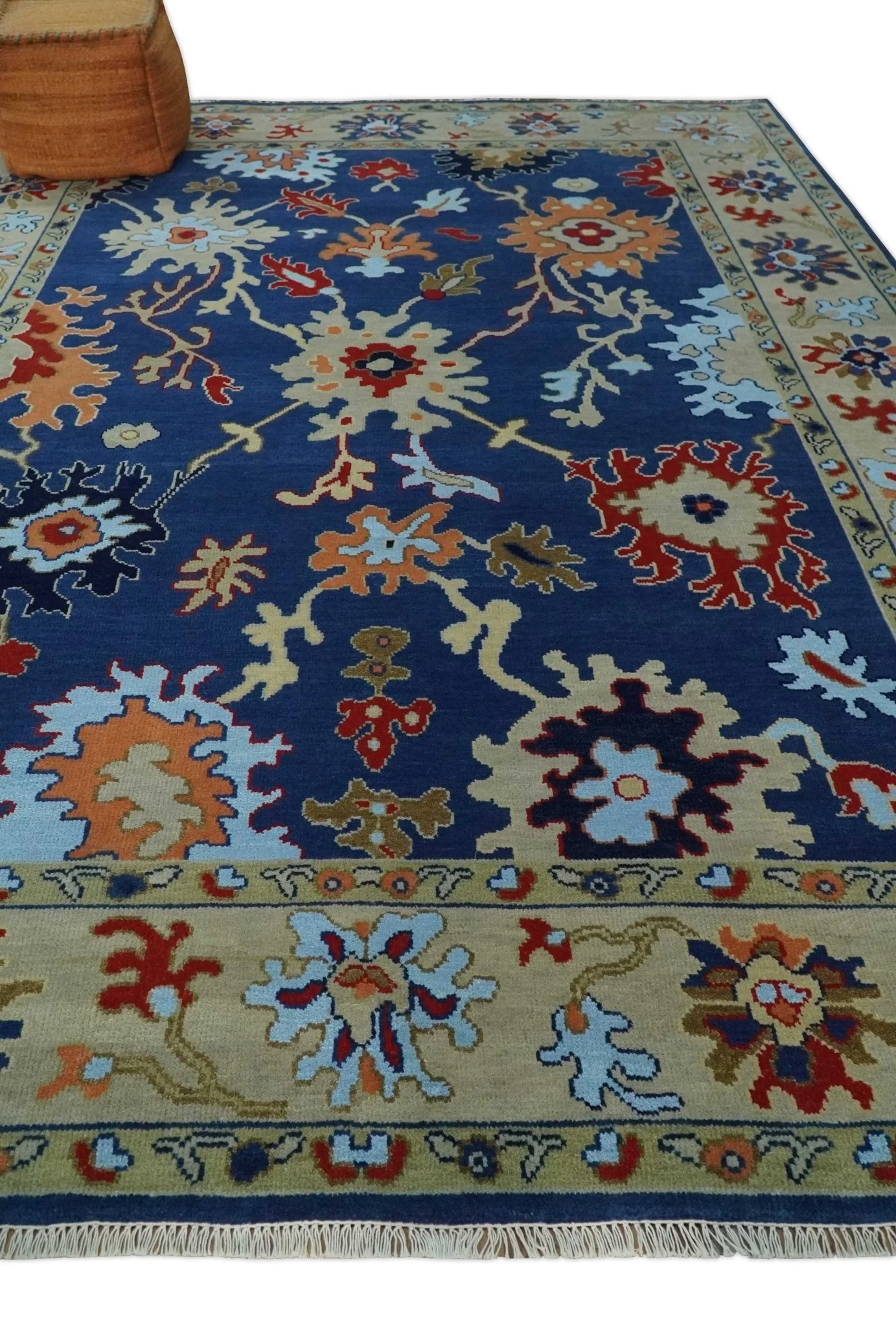 9x12 Hand Knotted Blue and Beige Colorful Oushak Wool Area Rug - Image 3