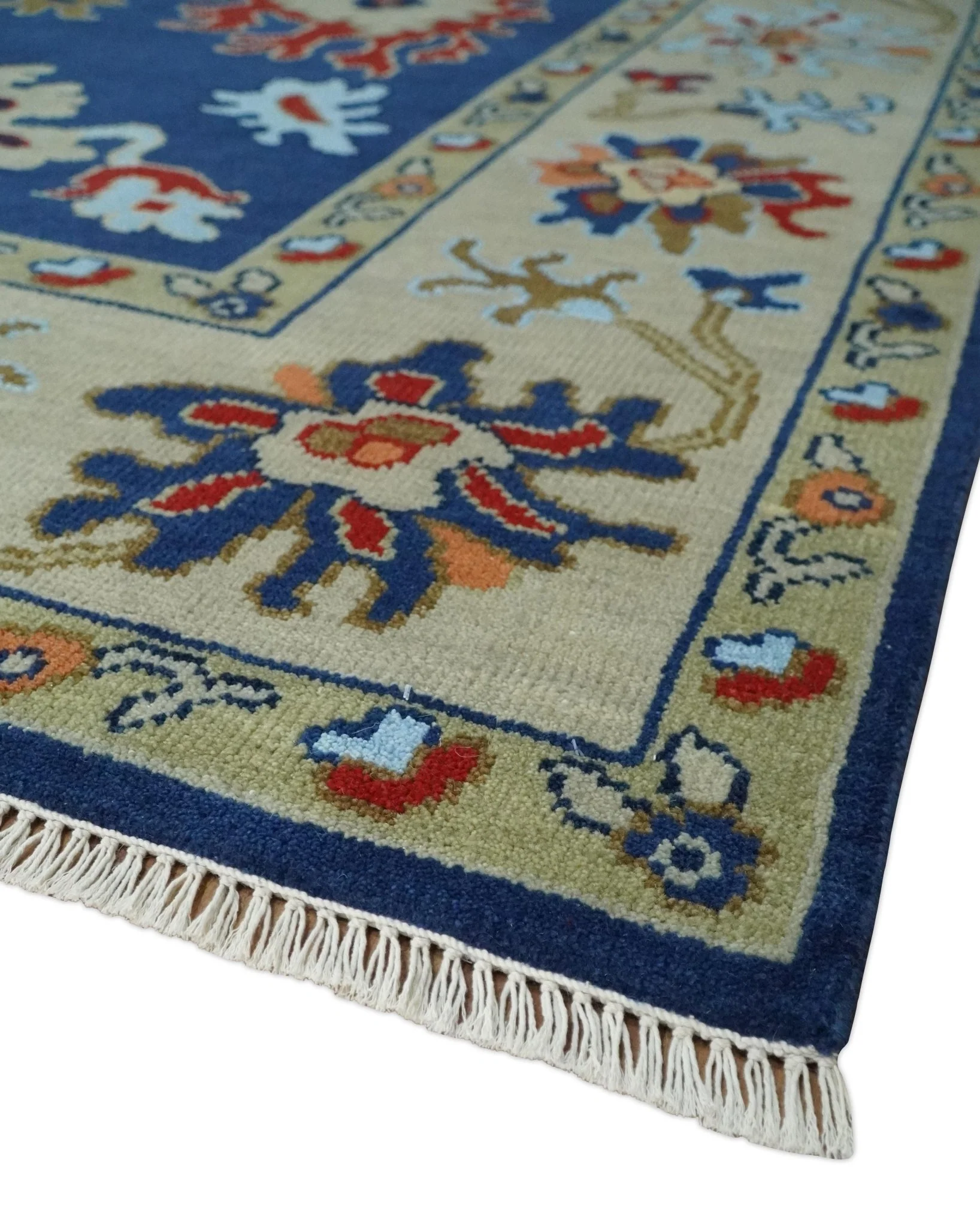 9x12 Hand Knotted Blue and Beige Colorful Oushak Wool Area Rug - Image 5