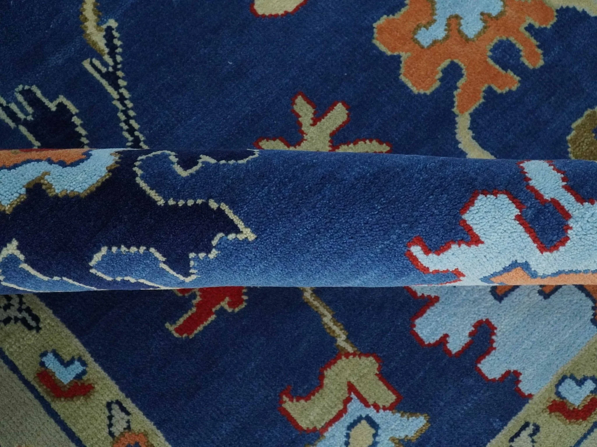 9x12 Hand Knotted Blue and Beige Colorful Oushak Wool Area Rug - Image 6